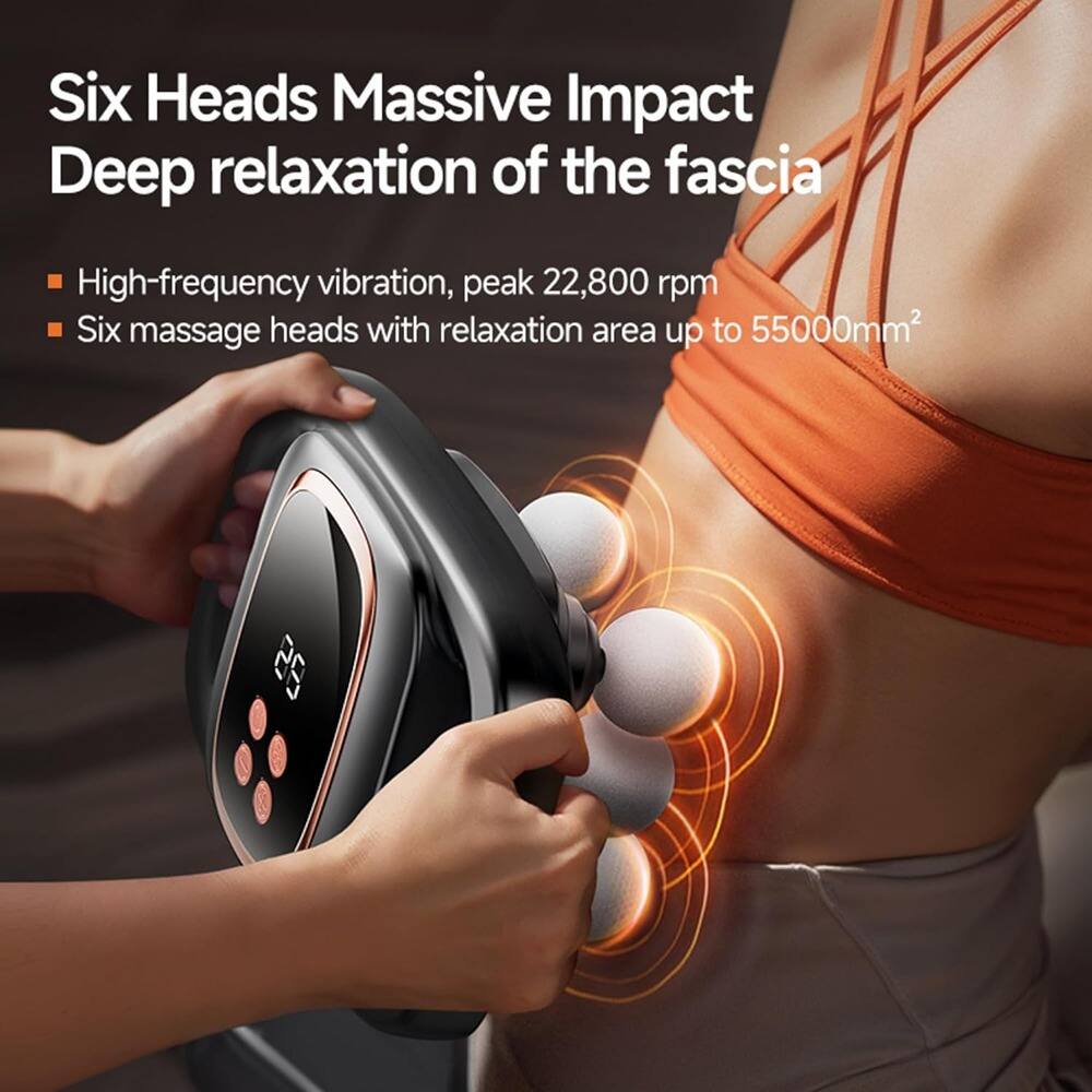 Six Heads Massive Impact  
Deep relaxation of the fascia  

- High-frequency vibration, peak 22,800 rpm  
- Six massage heads with relaxation area up to 55000mm²