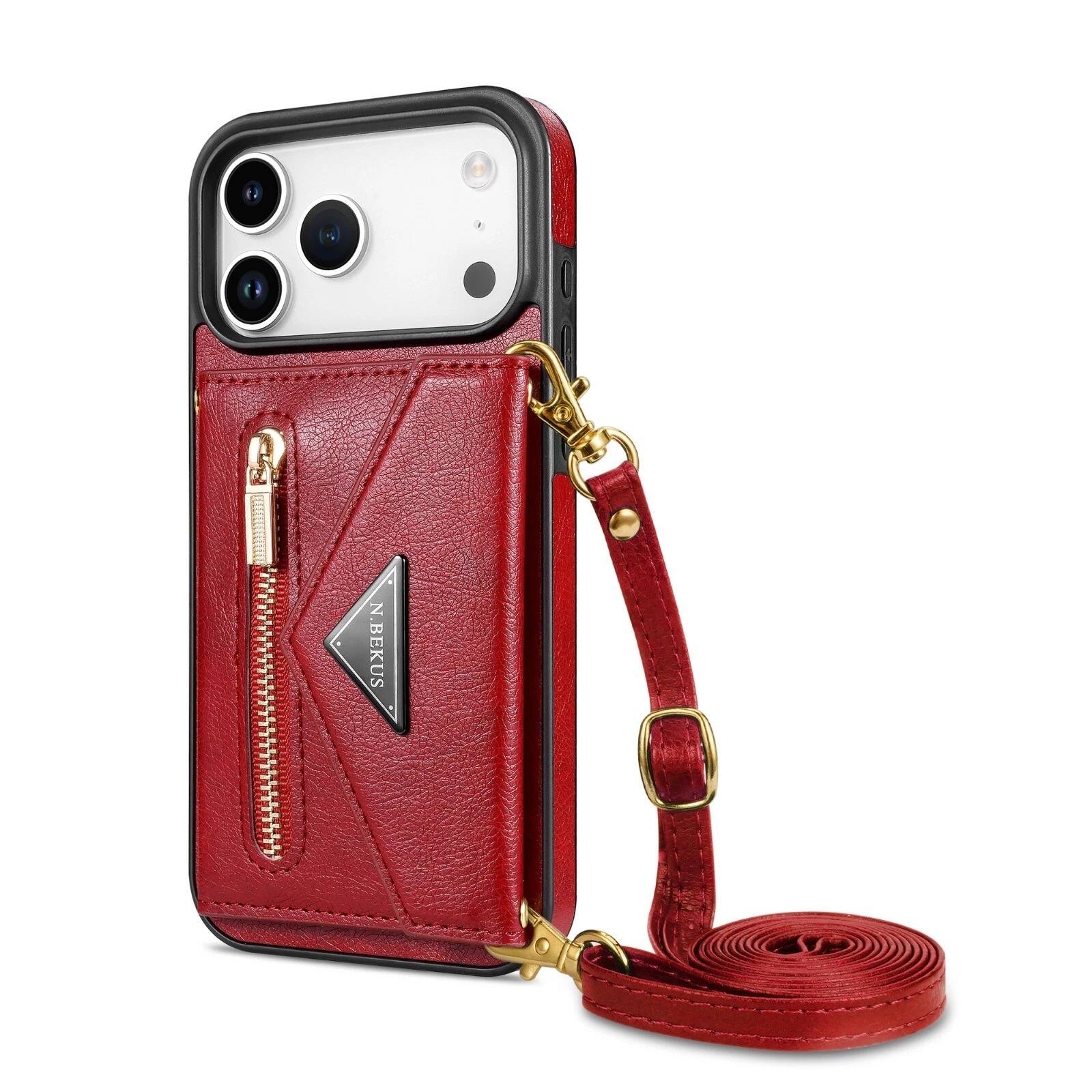 Alt View 3. UUCOVER - Wallet Case for Apple iPhone 17 Pro Max with Card Slots Holder, Zipper Pocket and Shoulder Strap, Flip Kickstand Cover - Red.