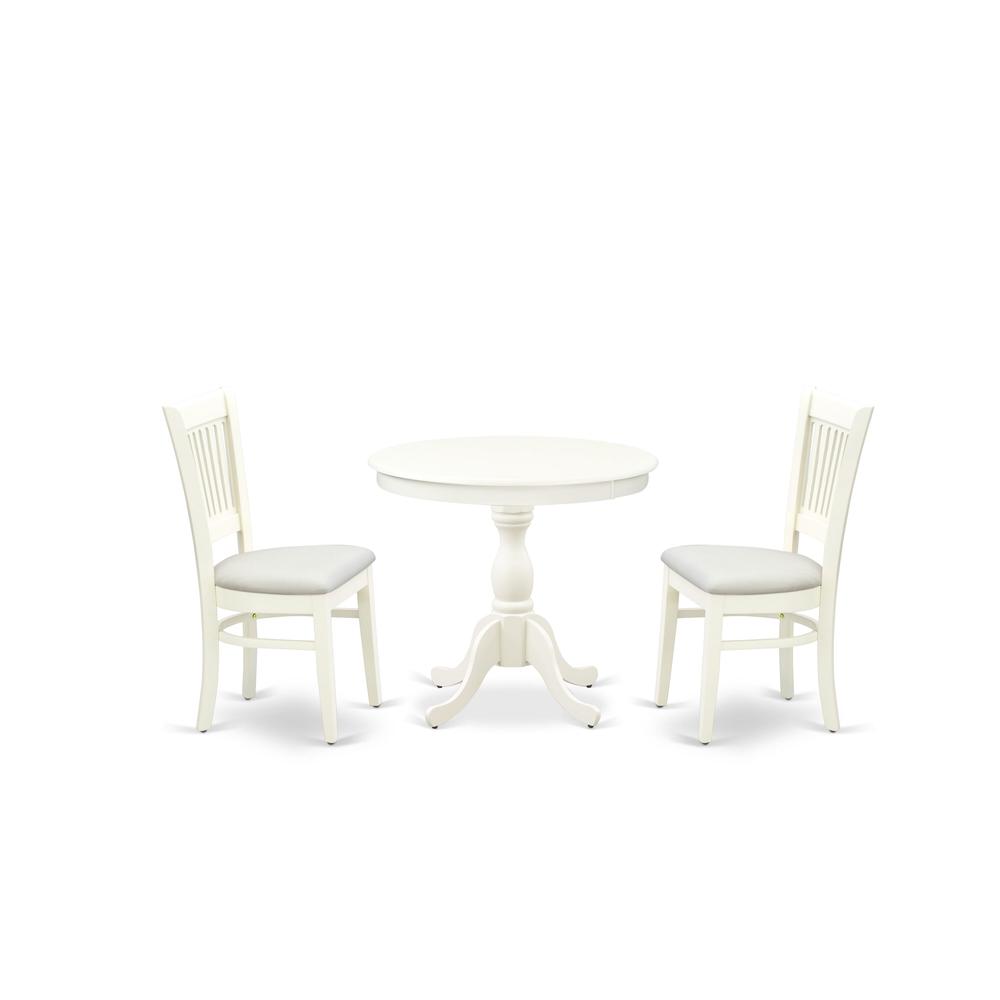 Alt View 3. East West Furniture - AMVA3-LWH-C - 3-Piece Dinette Set- 2 Dining Room Chair and Round Dining Table - Linen Fabric Seat and Slatted Chair - Linen White.