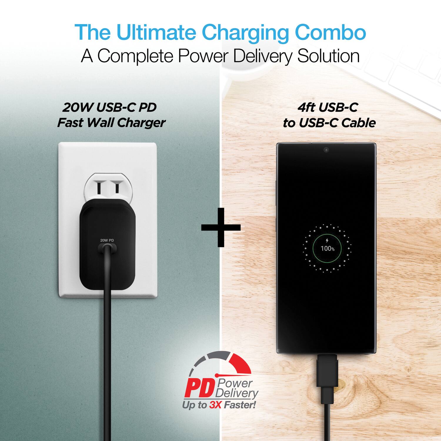 The Ultimate Charging Combo  
A Complete Power Delivery Solution  

20W USB-C PD Fast Wall Charger  
+  
4ft USB-C to USB-C Cable  

PD Power Delivery  
Up to 3X Faster!