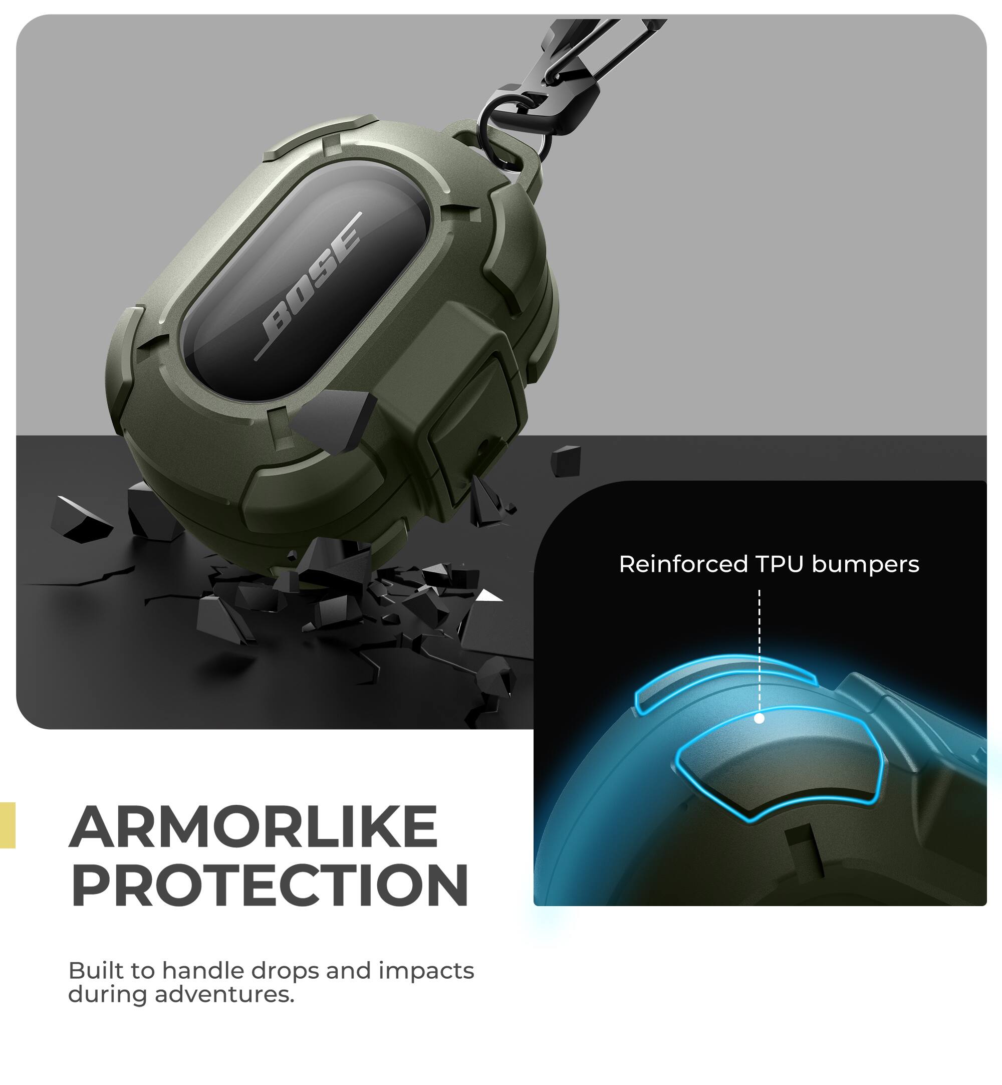 BOSE Reinforced TPU bumpers  
ARMORLIKE PROTECTION  
Built to handle drops and impacts during adventures.