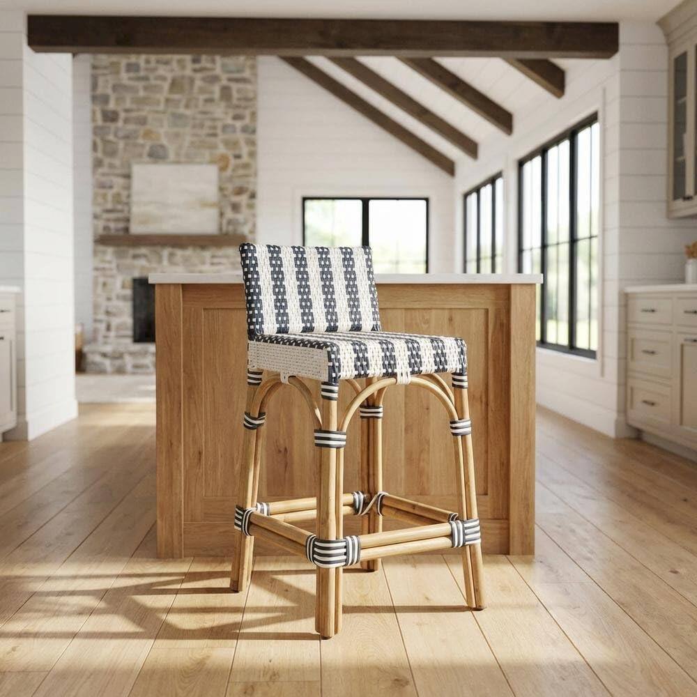 Angle. Starlight Canyon Home - Rattan Low Back Counter Stool, Transitional Bar Stool for Dining Rooms - White And Navy Stripe.