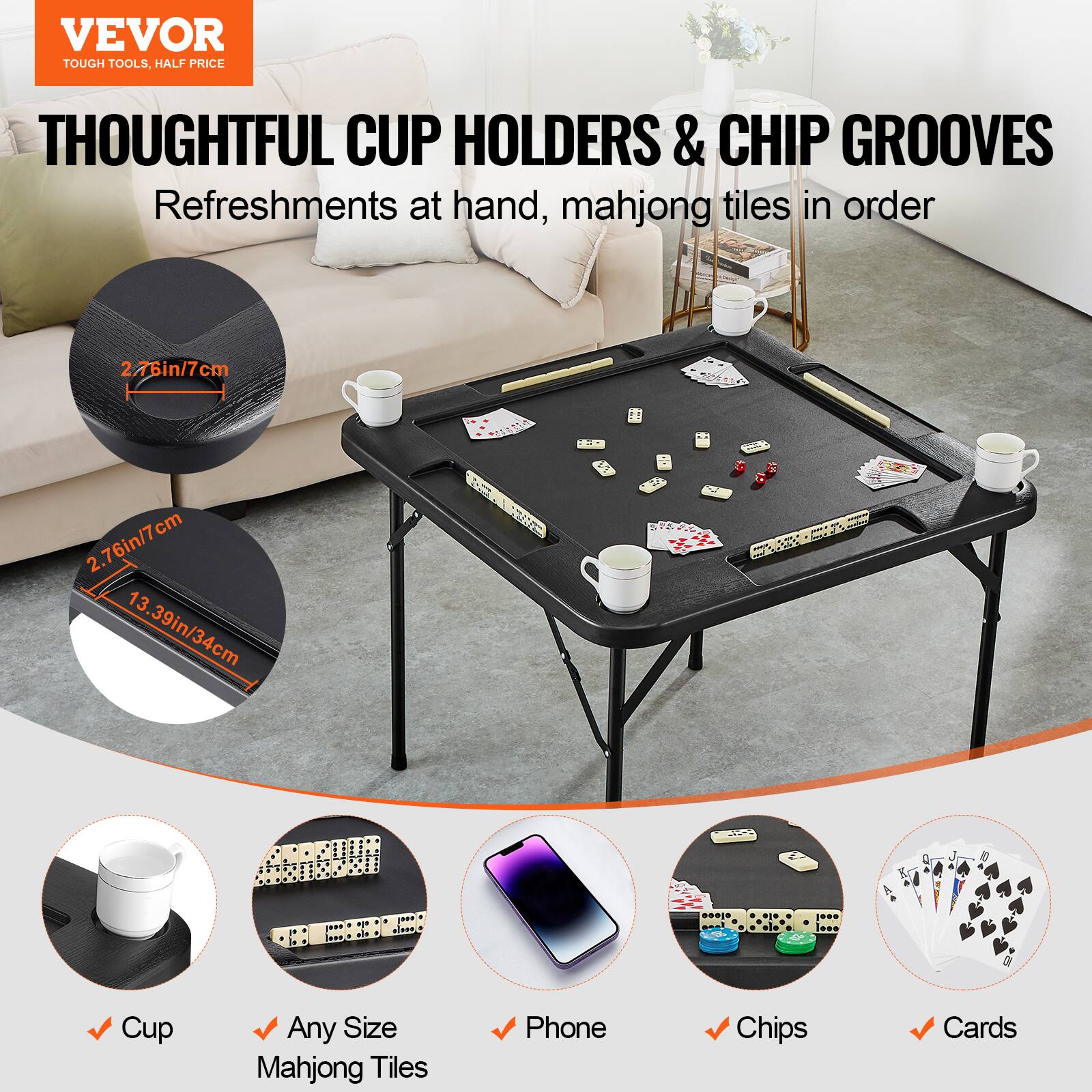 VEVOR Mahjong Table,Square 4 Player Folding Card Table with 4 Cup