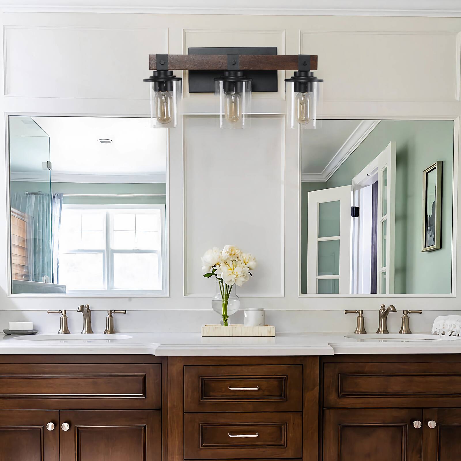 Left. APRILSOUL - 19 Inch Rustic 3-Light Vanity Light Industrial Bathroom Wall Sconce with Glass Shades and Wood Accent No Bulbs.