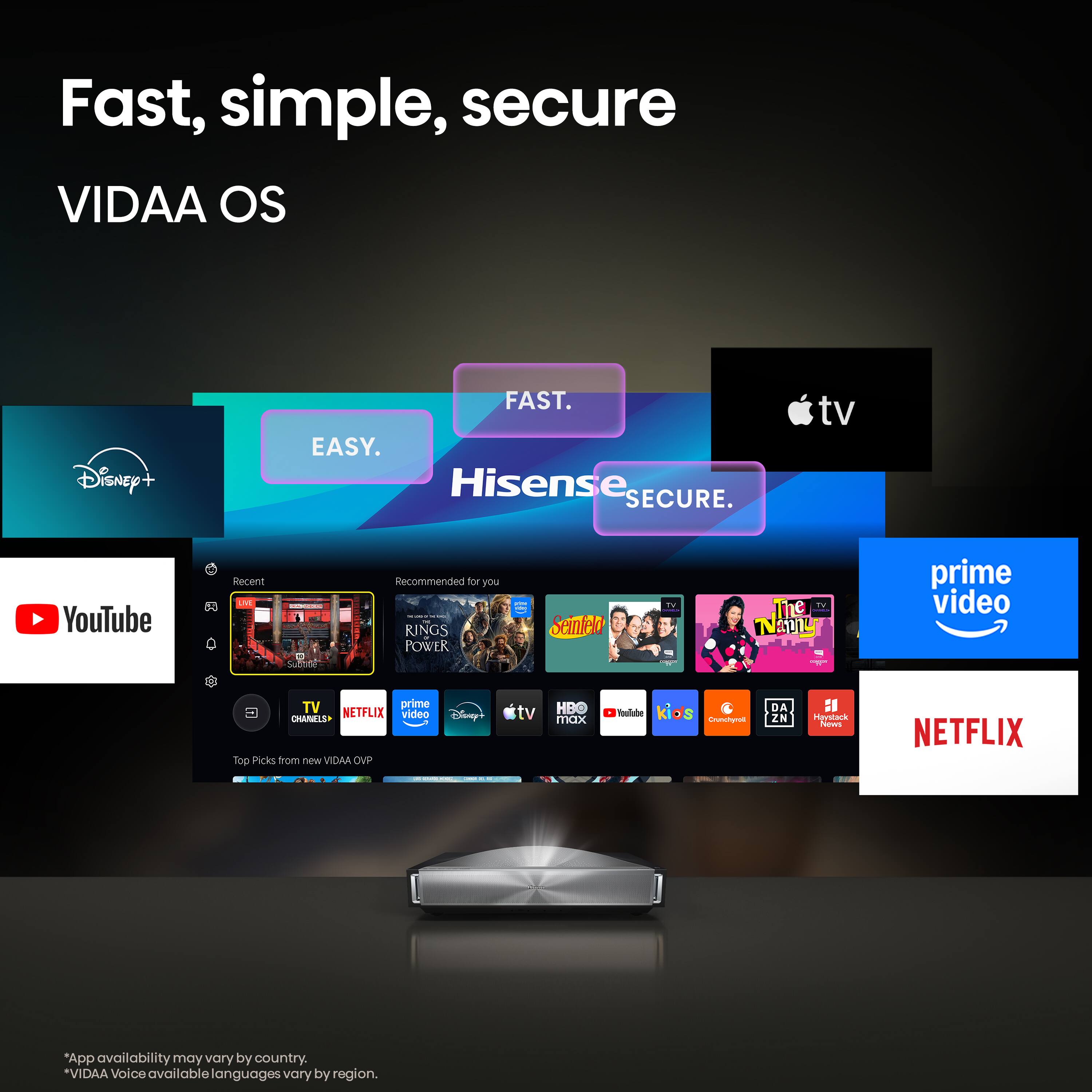 Fast, simple, secure VIDAA OS

FAST. EASY. SECURE.

Disney+
YouTube
Apple TV
prime video
HBO max
Netflix
Crunchyroll
DAZN
Haystack News

*App availability may vary by country.
*VIDAA Voice available languages vary by region.