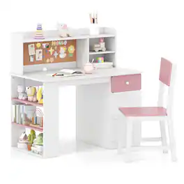 Gymax - Kids Desk & Chair Set w/Chair Hutch 3-Layer Side Shelf Storage Cabinet - Pink