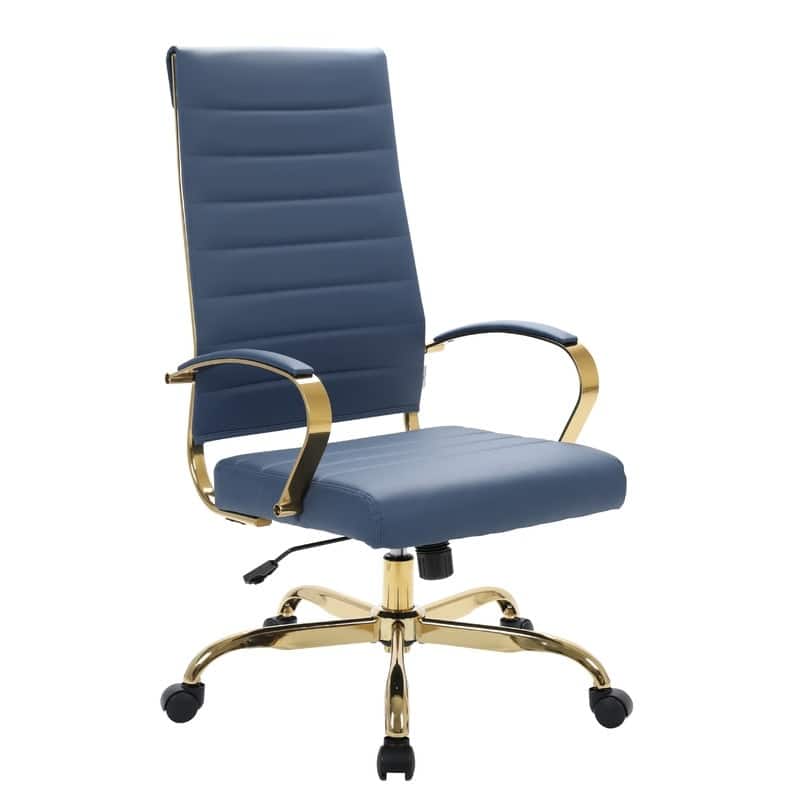 Front. LeisureMod - Benmar High-Back Leather Office Chair with Gold Accents, Adjustable Height, Swivel and Tilt Conference Desk Chair - Navy Blue.