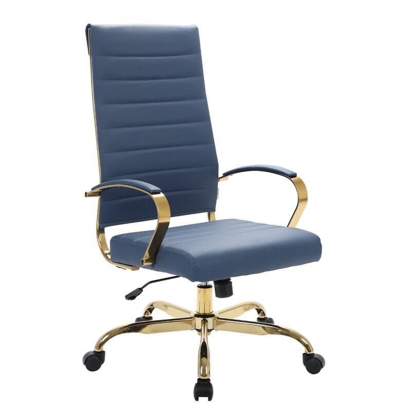 Front. LeisureMod - Benmar High-Back Leather Office Chair with Gold Accents, Adjustable Height, Swivel and Tilt Conference Desk Chair - Navy Blue.