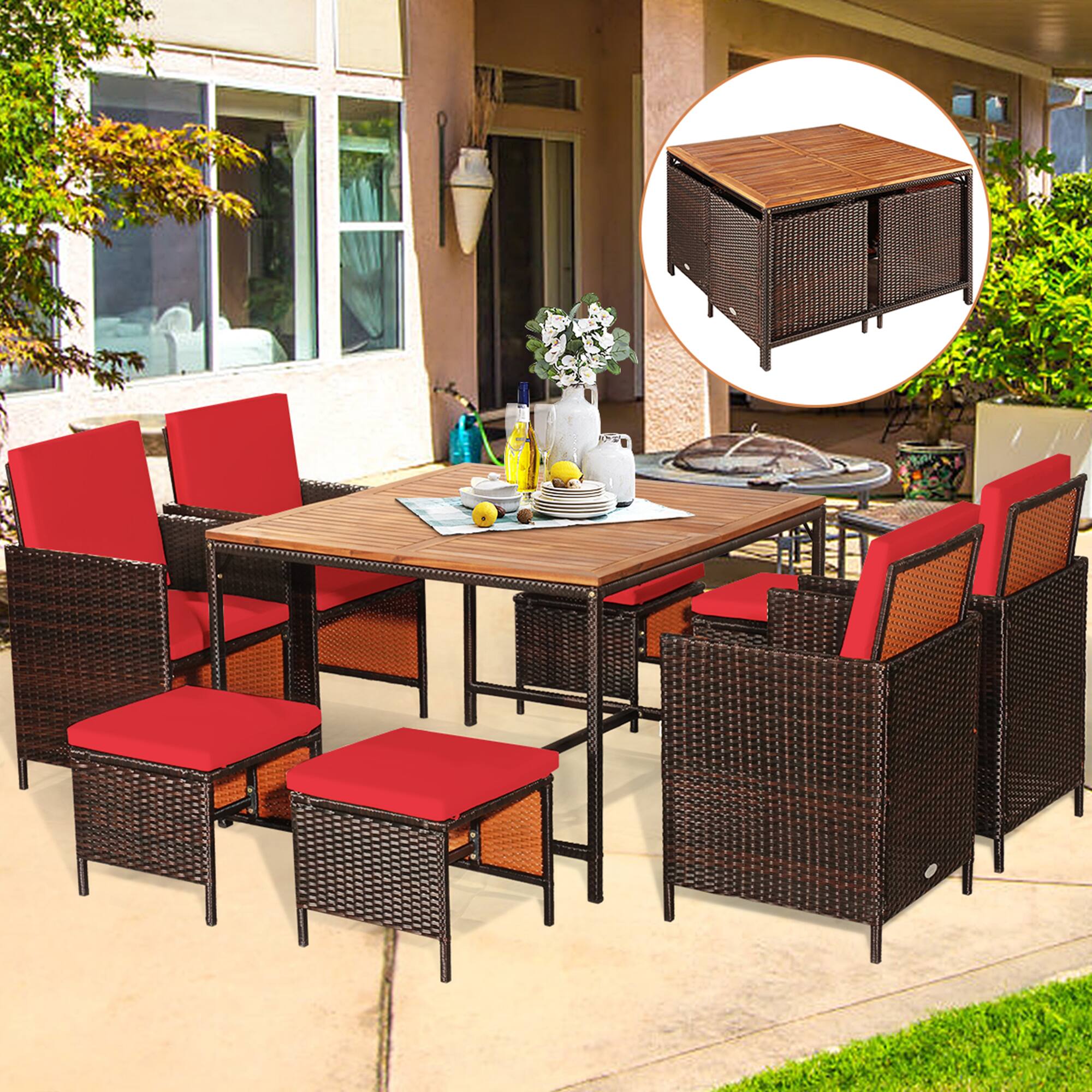 Alt View 2. Gymax - Gymax 9PC Rattan Wicker Patio Dining Set Outdoor Furniture Set w/ Red Cushion - as pic.