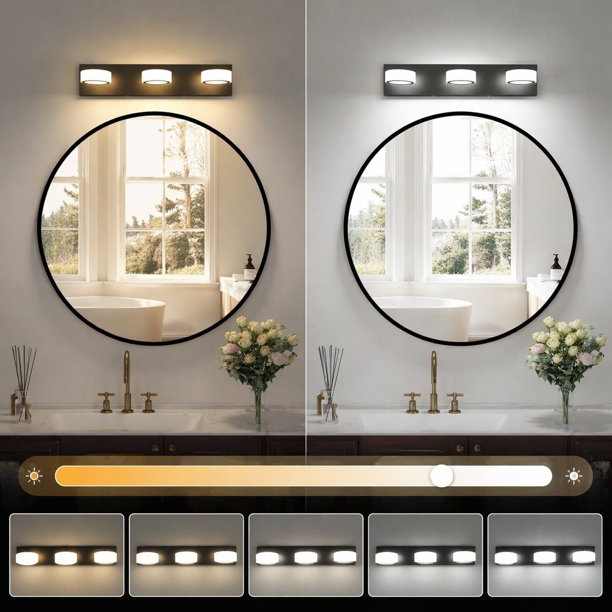 Alt View 3. RYHNUYNE - 21" LED Bathroom Vanity Light,3‑Light Modern Wall Lighting Fixture with Round Acrylic Shade for Bathroom Mirror - Black.