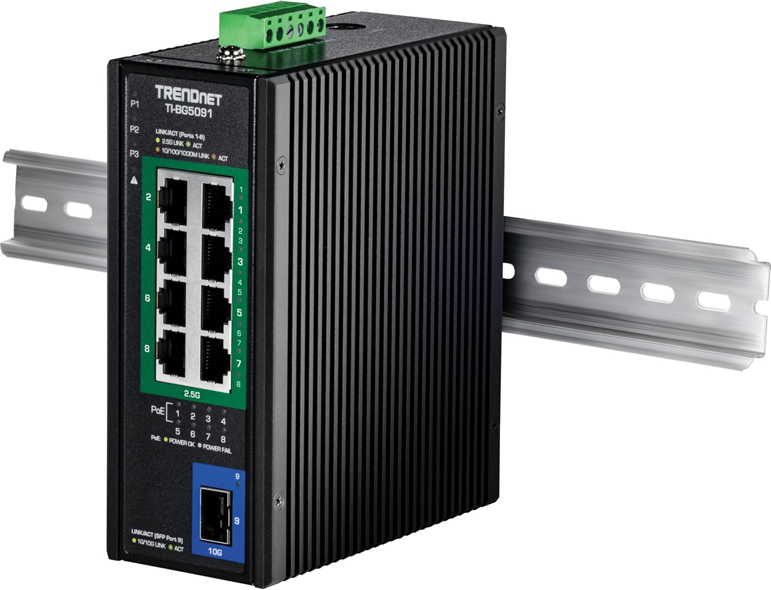 P1 TRENDNET TI-BG5091  
P2 UNKICT (Ports 1-8)  
2.5G LINK . AGT  
P3 10/100/1000M UNK ACT  
4 2 1 1 4 2 3 3 6 4 5 5 8 B ; .  
7 8 2.5G PoE [ 1 2 3 4 5 6 7 8  
POWER OK OK . POWER FAL D UNKACT CPP  
Port 19/100 LINK ACT 10G  
9