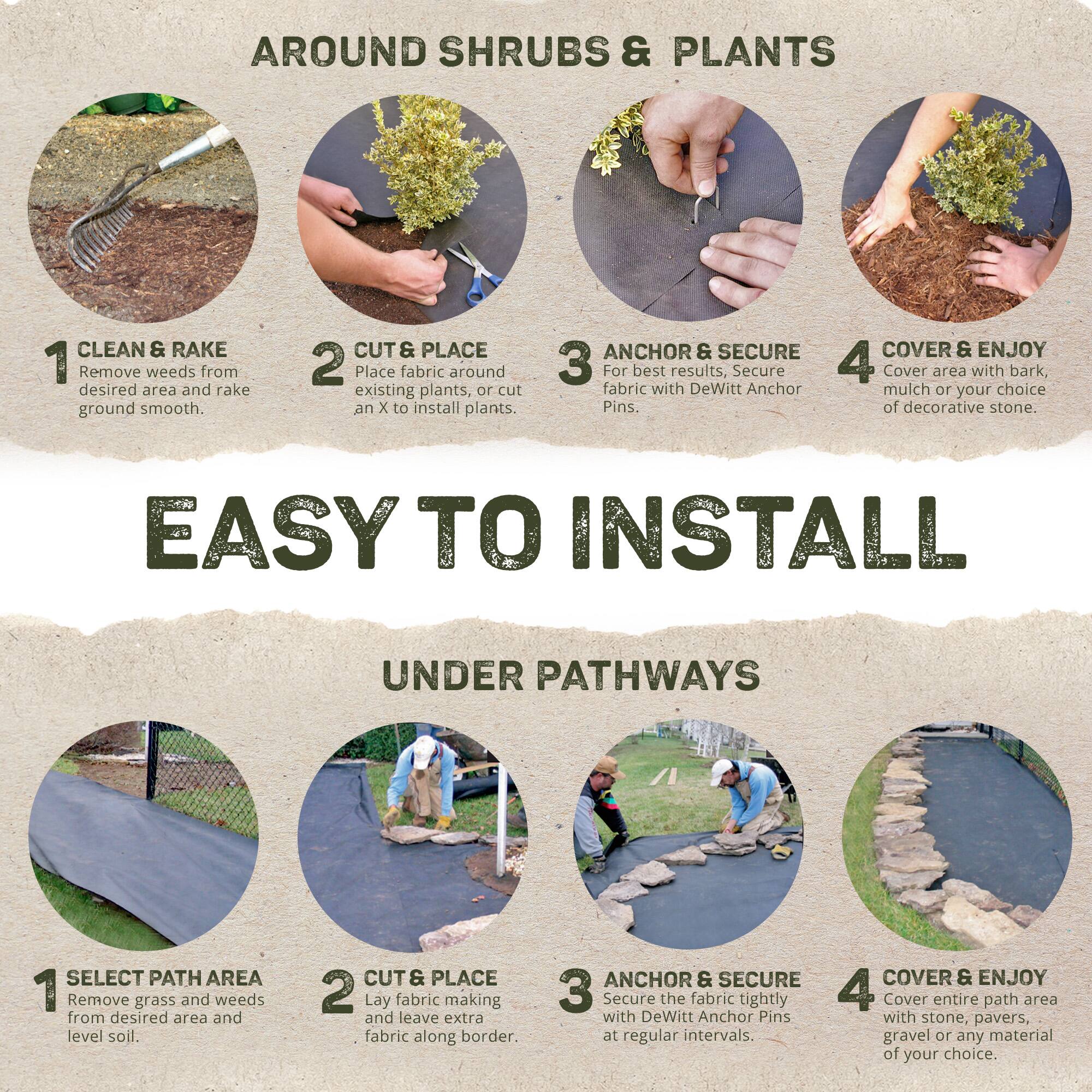 **AROUND SHRUBS & PLANTS**

1. **CLEAN & RAKE**  
   Remove weeds from desired area and rake ground smooth.

2. **CUT & PLACE**  
   Place fabric around existing plants, or cut an X to install plants.

3. **ANCHOR & SECURE**  
   For best results, secure fabric with DeWitt Anchor Pins.

4. **COVER & ENJOY**  
   Cover area with bark mulch or your choice of decorative stone.

---

**EASY TO INSTALL**

**UNDER PATHWAYS**

1. **SELECT PATH AREA**  
   Remove grass and weeds from desired area and level soil.

2. **CUT & PLACE**  
   Lay fabric making and leave extra fabric along border.

3. **ANCHOR & SECURE**  
   Secure the fabric tightly.

4. **COVER & ENJOY**  
   Cover entire path area with DeWitt Anchor Pins with stone, pavers, gravel or any material of your choice.