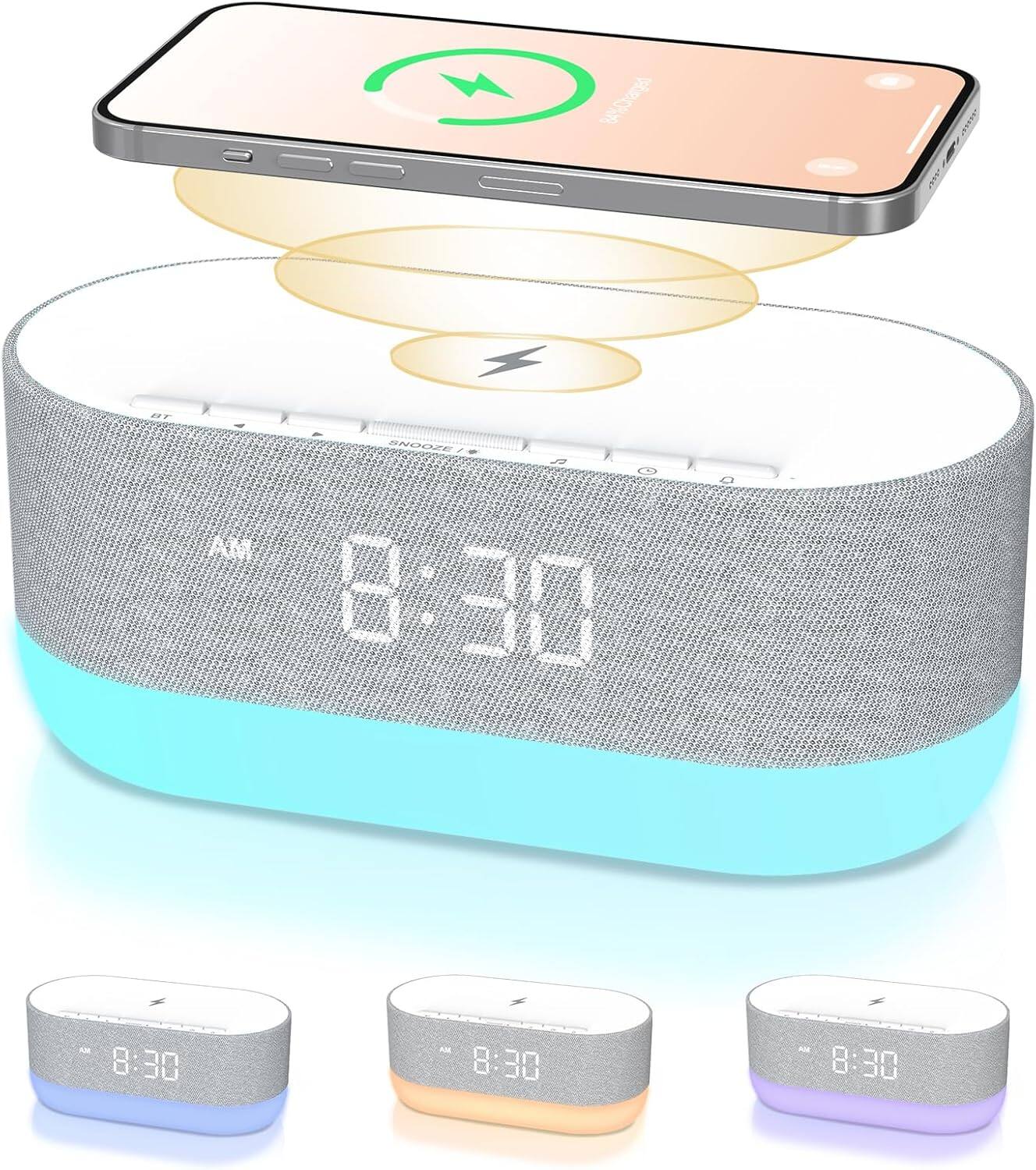 Stamp n Camp - HOUSBAY 3 in 1 Sound Machine Alarm Clock& Wireless Charger: Soothing White Noise, Bluetooth Music Relaxation & Routine - Gray