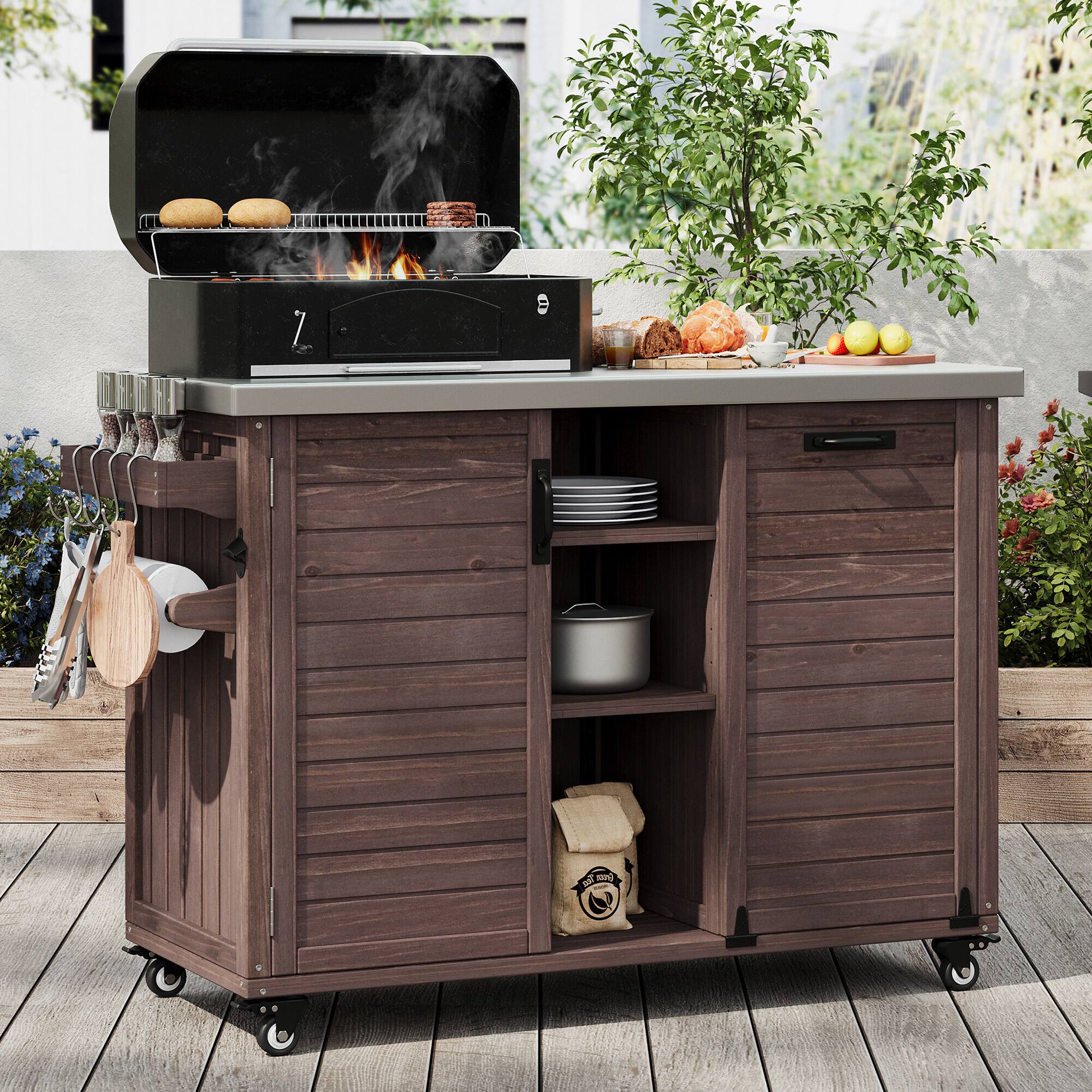 Alt View 1. PexFix - 78.3" Outdoor Kitchen Island with Foldable Table, Trash Storage & Stainless Top, Wood Pizza Oven Cart for Lawn & Garden - Dark Brown.