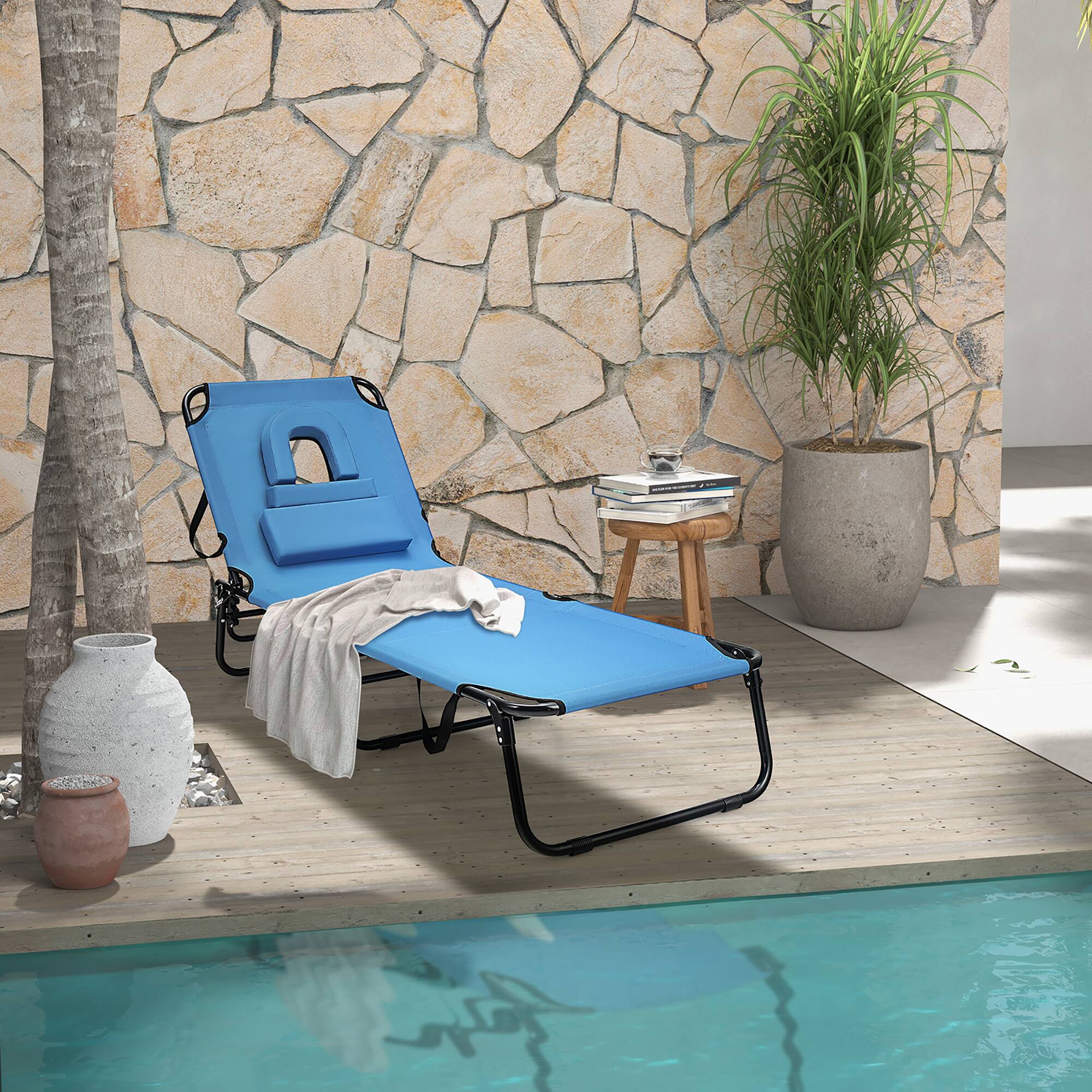 Alt View 2. Gymax - Gymax 2PCS 5-Position Lounge Chair Adjustable Beach Chaise w/ Face Cavity & Pillows Blue - Blue,Black.