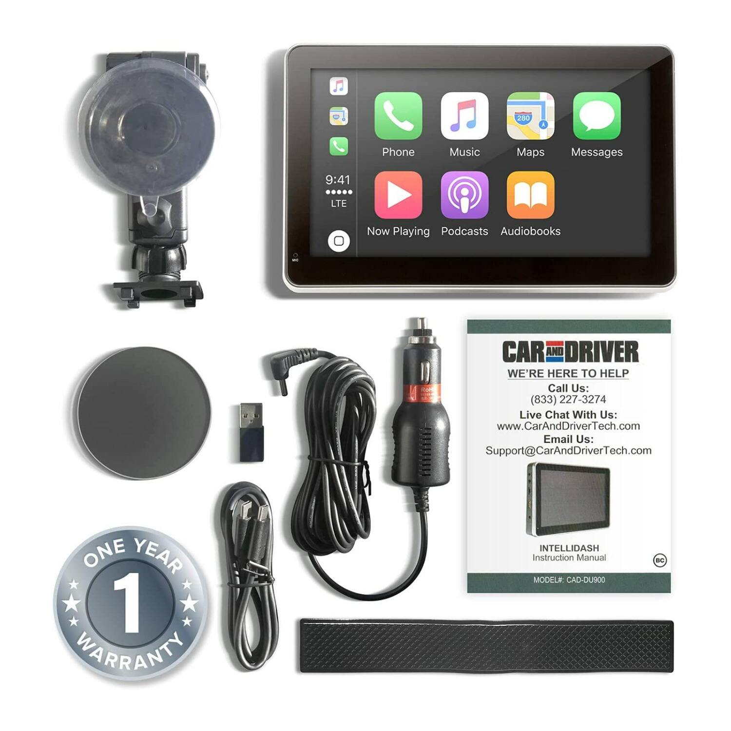 280 a Phone Music Maps Messages 9:41 LTE Now Playing Podcasts Audiobooks CAR AND DRIVER WE'RE HERE TO HELP Call Us: (833) 227-3274 Live Chat With Us: www.CarAndDriverTech.com Email Us: Support@CarAndDriverTech.com ONE YEAR 1 WARRANTY INTELLIDASH Instruction Manual MODEL#: CAD-DU900 BC