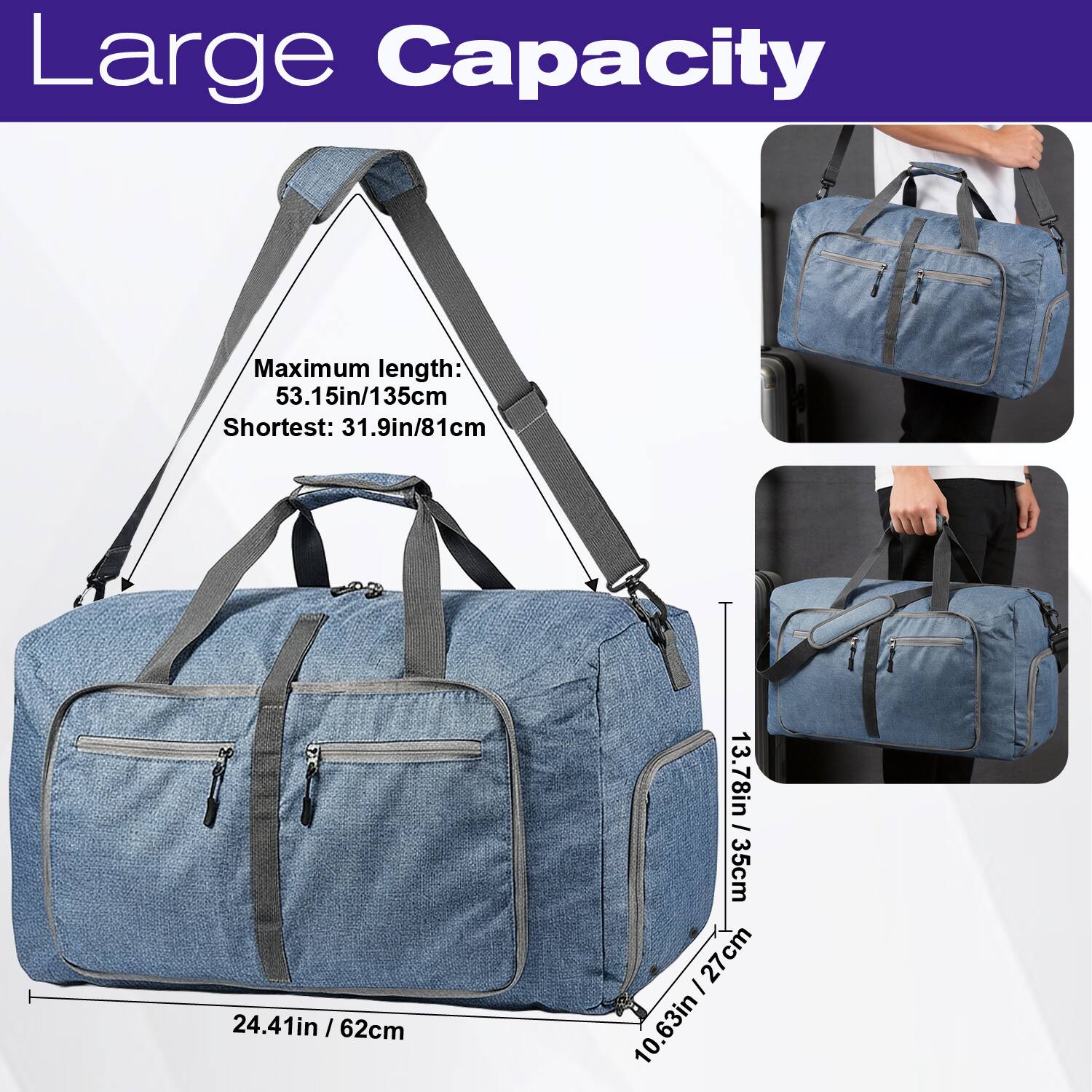Large Capacity

Maximum length: 53.15in / 135cm  
Shortest: 31.9in / 81cm

24.41in / 62cm  
13.78in / 35cm  
10.63in / 27cm