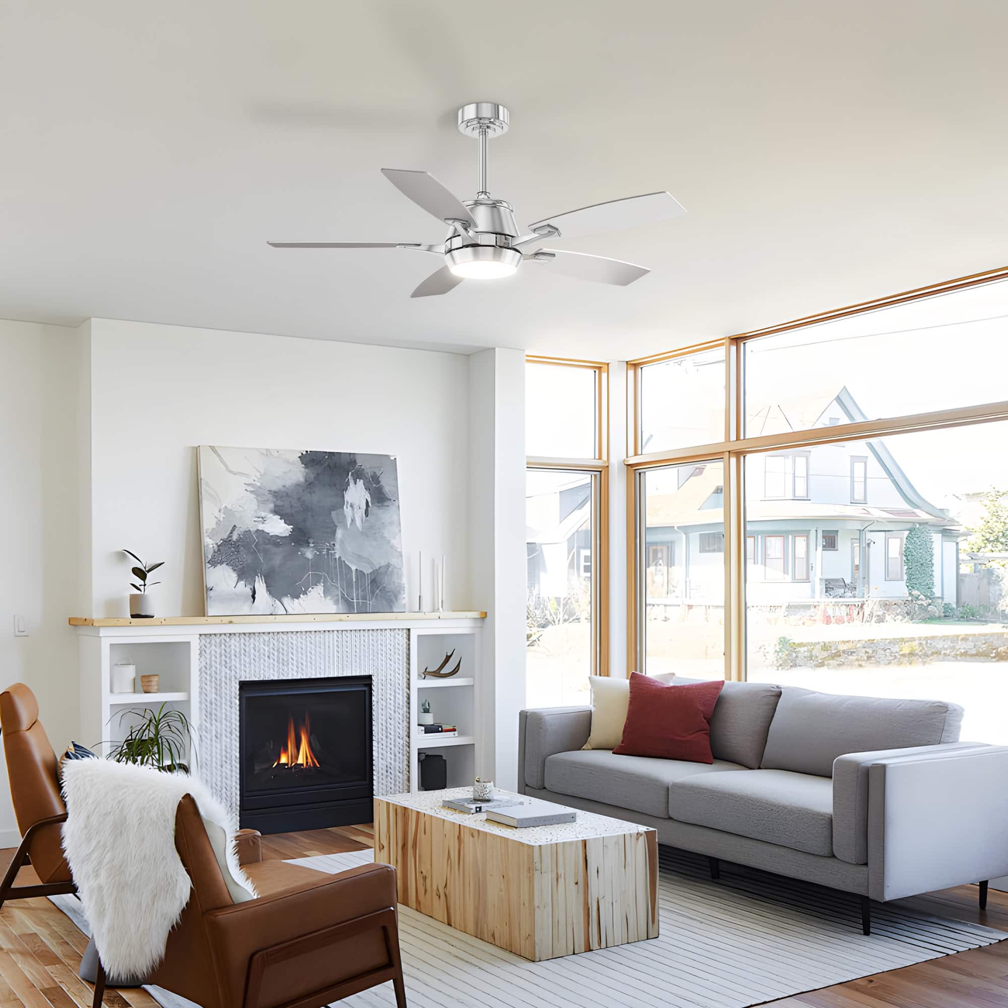 Siljoy - 52" Modern Low Profile Ceiling Fan with Light and APP/Remote, DC Reversible Motor, Dimmable LED for Bedroom/Living Room - Chrome