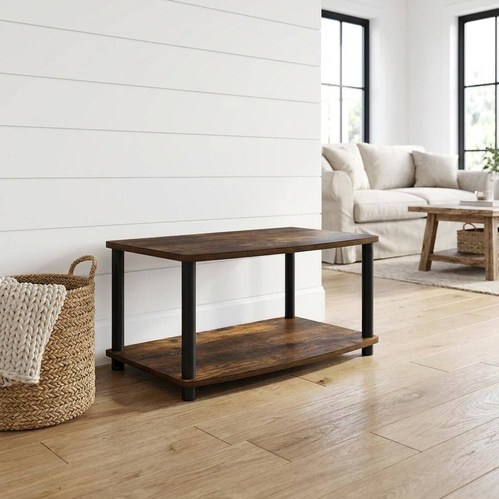 Alt View 1. FurniFact - Wooden TV stand, Amber Pine, black finish, no tools required, 2-tier design - Brown black.