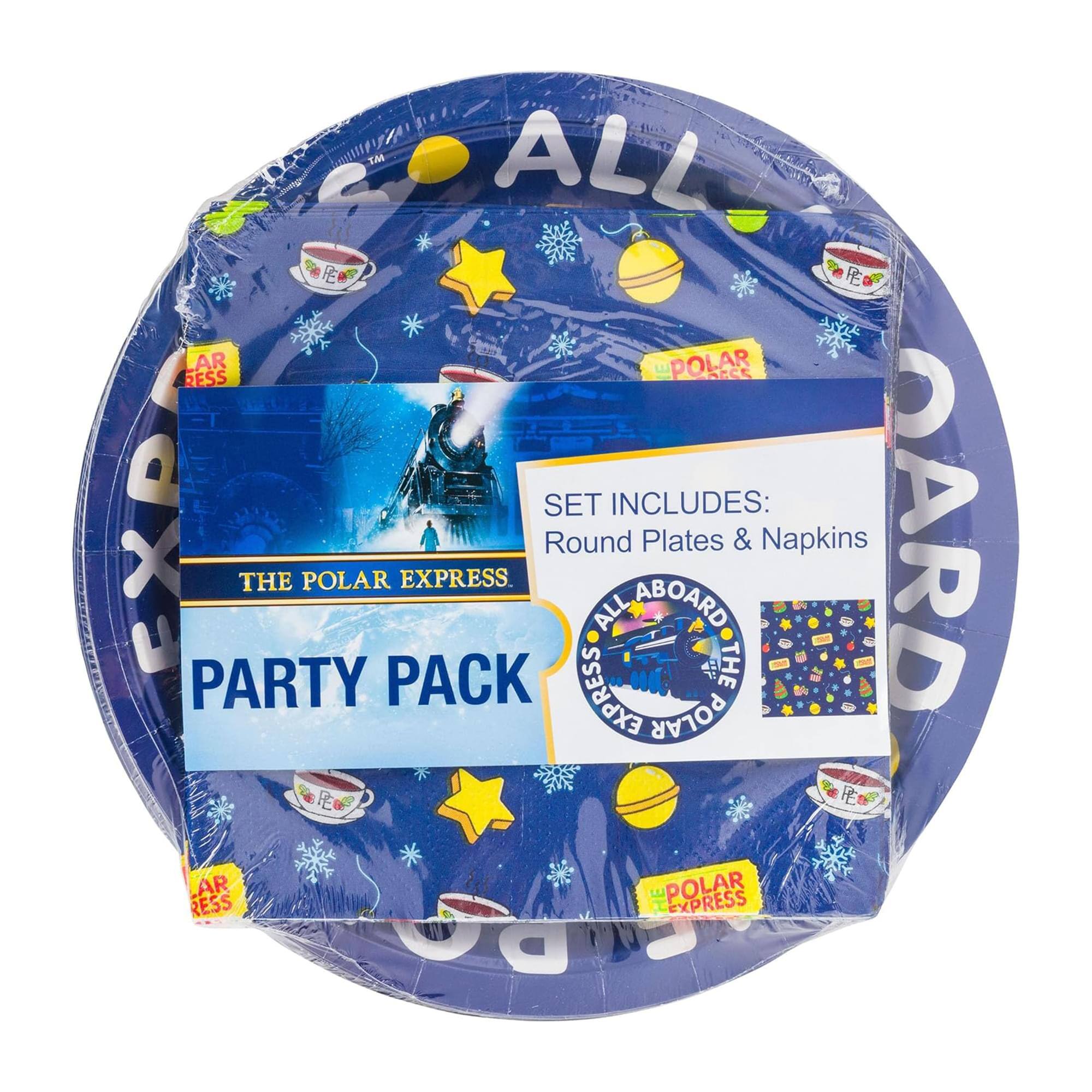 The Polar Express Party Pack  
Set Includes:  
Round Plates & Napkins  
All Aboard The Polar Express