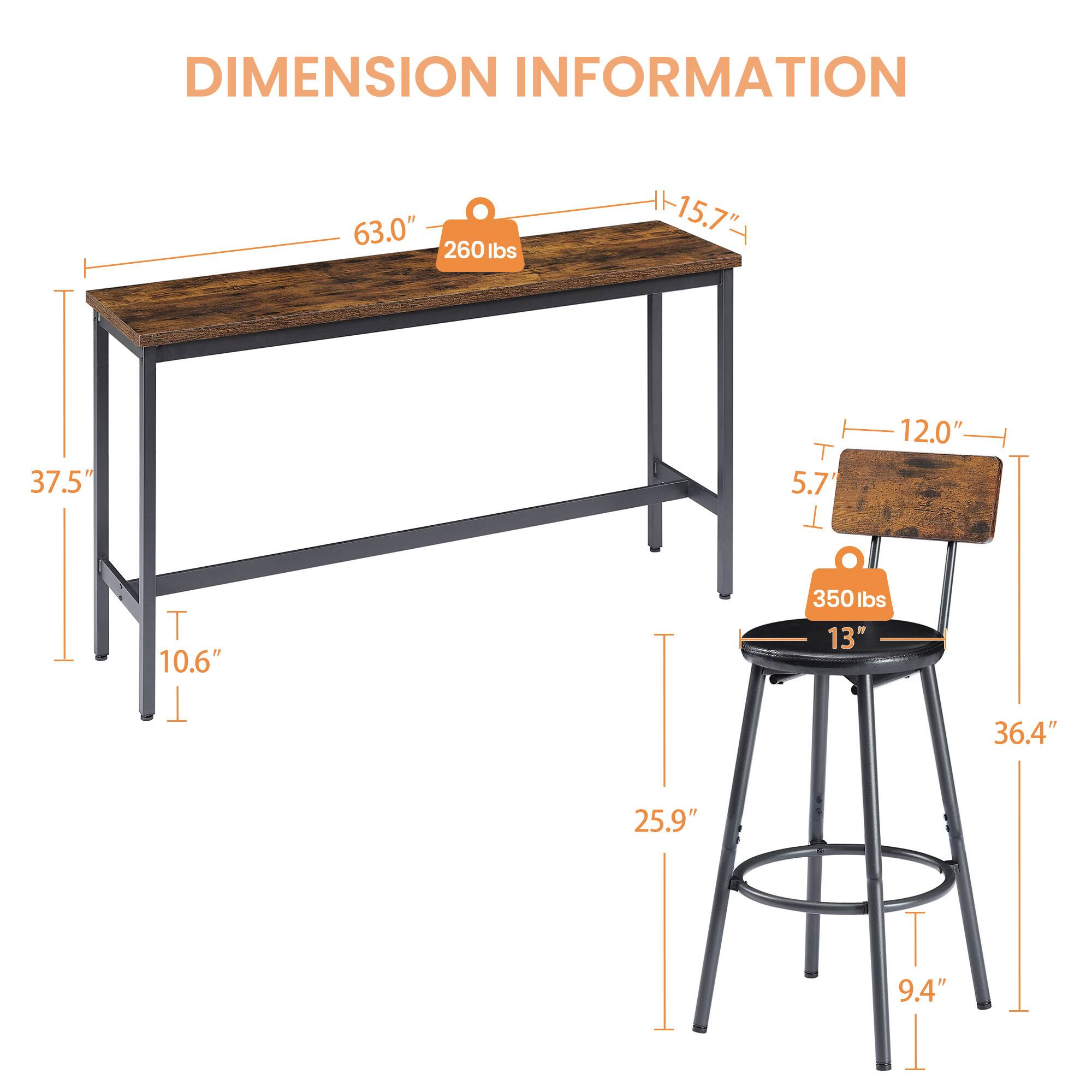 DIMENSION INFORMATION

- Table:
  - Length: 63.0"
  - Width: 37.5"
  - Height: 30.0"
  - Thickness: 1.5"
  - Weight Capacity: 260 lbs

- Stool:
  - Height: 36.4"
  - Seat Height: 25.9"
  - Seat Diameter: 13"
  - Seat Thickness: 1.5"
  - Weight Capacity: 350 lbs