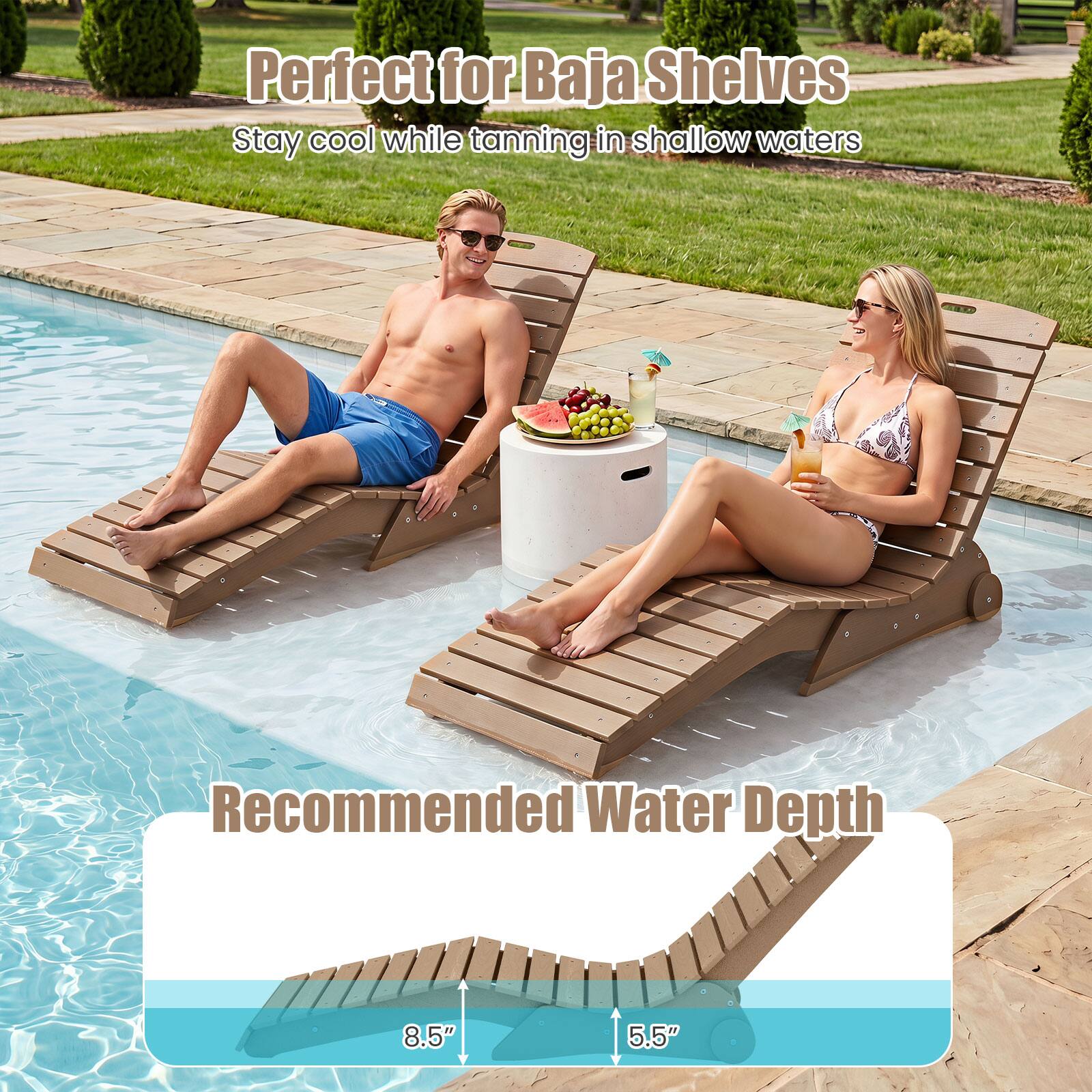 Perfect for Baja Shelves  
Stay cool while tanning in shallow waters  

Recommended Water Depth  
8.5"  
5.5"