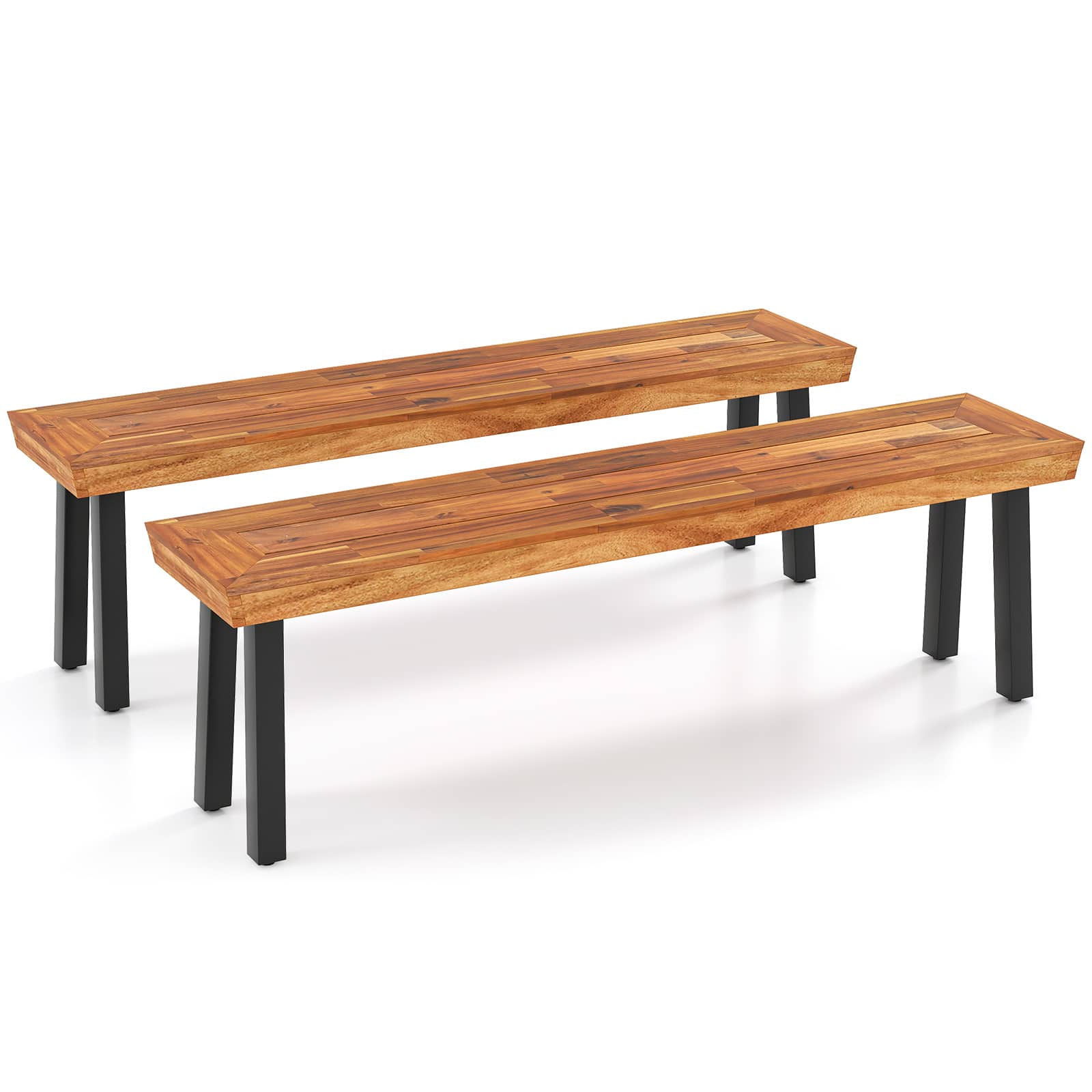 Gymax - Outdoor Acacia Wood Benches Set of 2 w/ Slatted Top & Flared Metal Legs - Brown