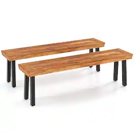 Gymax - Outdoor Acacia Wood Benches Set of 2 w/ Slatted Top & Flared Metal Legs - Brown