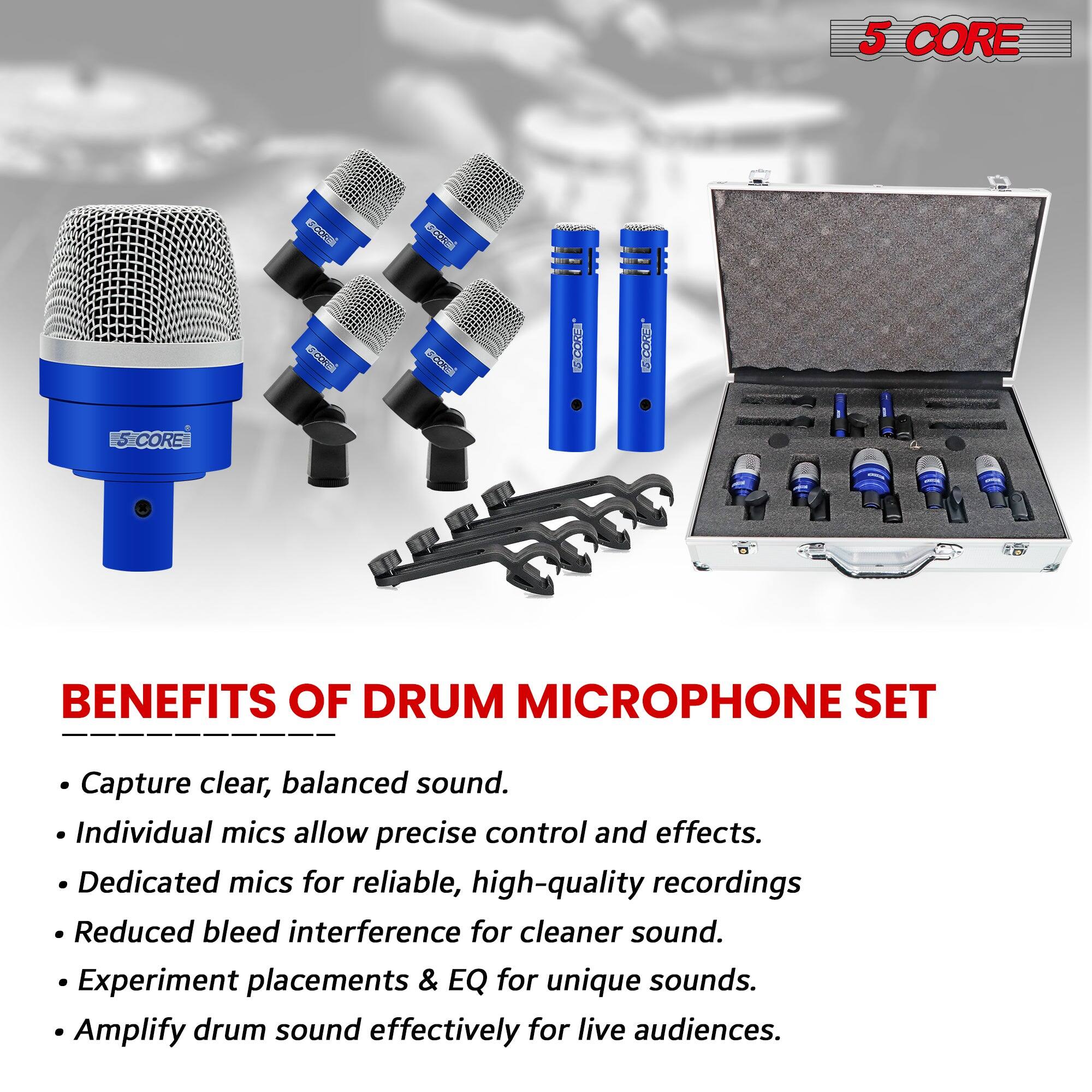 5 CORE

BENEFITS OF DRUM MICROPHONE SET

- Capture clear, balanced sound.
- Individual mics allow precise control and effects.
- Dedicated mics for reliable, high-quality recordings.
- Reduced bleed interference for cleaner sound.
- Experiment placements & EQ for unique sounds.
- Amplify drum sound effectively for live audiences.