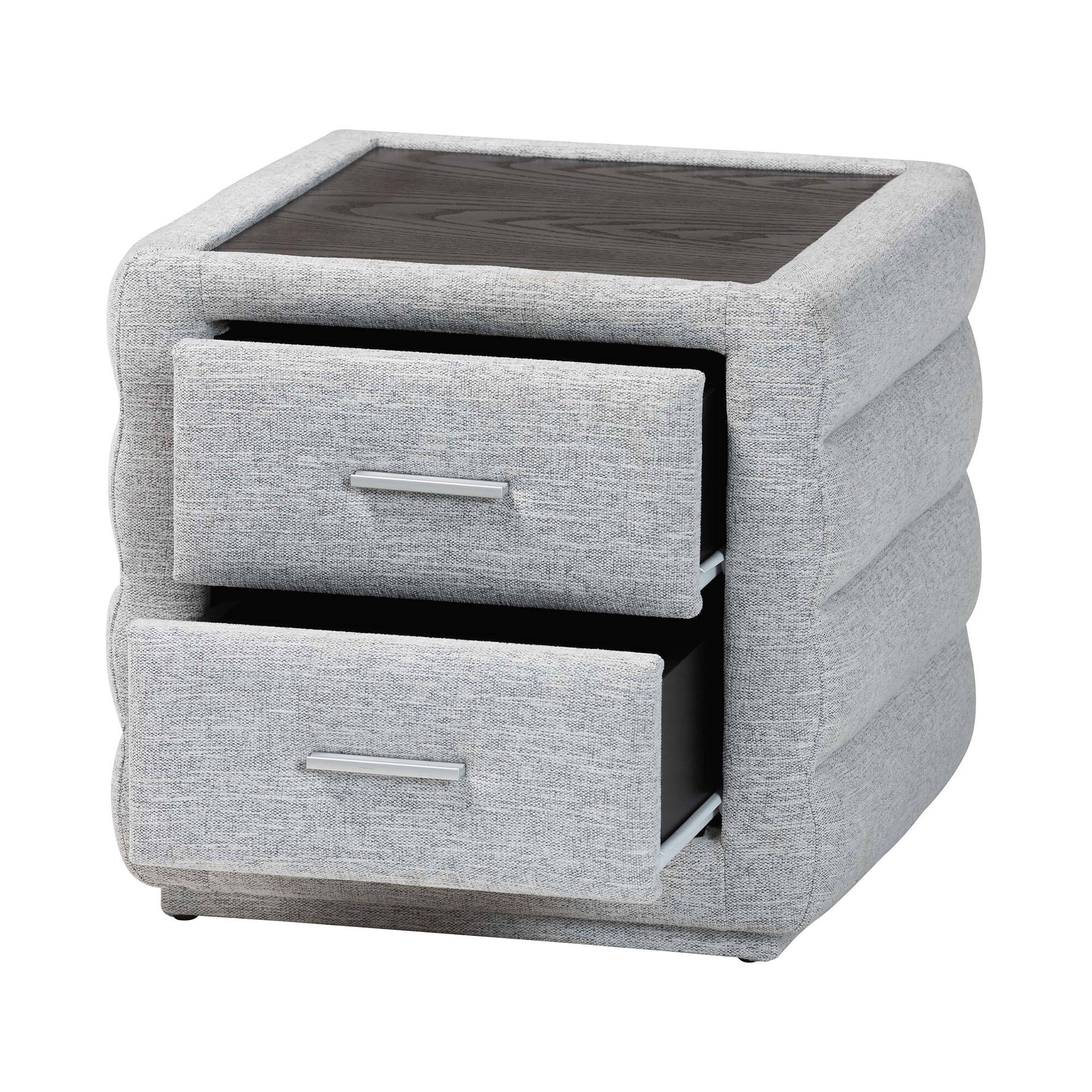 Angle. Baxton Studio - Cadmus Modern Channel-Tufted Fabric 2-Drawer Nightstand - Light Grey.
