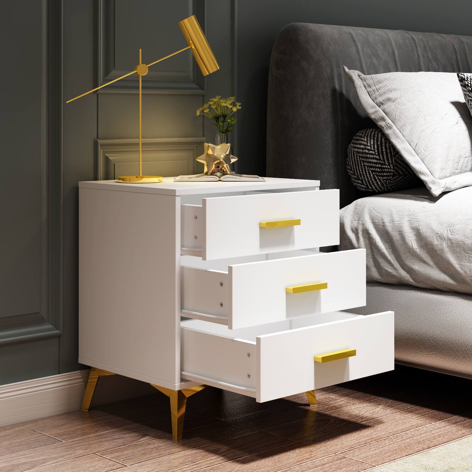 Alt View 8. FUFU & GAGA - FUFU&GAGA 3 - Drawer Nightstand: Gold Accents & Modern Glam - White.