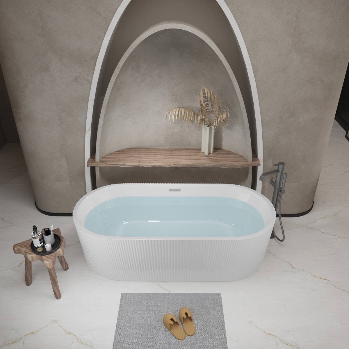 Alt View 3. Loheer - Loheer 59 in Freestanding Acrylic Soaking Bathtub, Gloss White Oval Stand Alone Tub with Center Chrome Drain - Gloss White.
