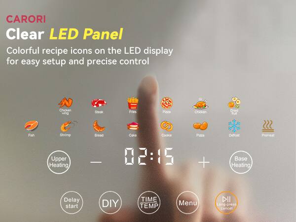 CARORI Clear LED Panel  
Colorful recipe icons on the LED display for easy setup and precise control  

Chicken wing  
Steak  
Fries  
Pizza  
Chicken  
Dried fruit  
Fish  
Shrimp  
Bread  
Cake  
Cookie  

02:15  
Pizza +  
Defrost  
Base Heating  
PreHeat  
Delay start  
DIY  
TIME TEMP  
Menu  
Long-press cancel