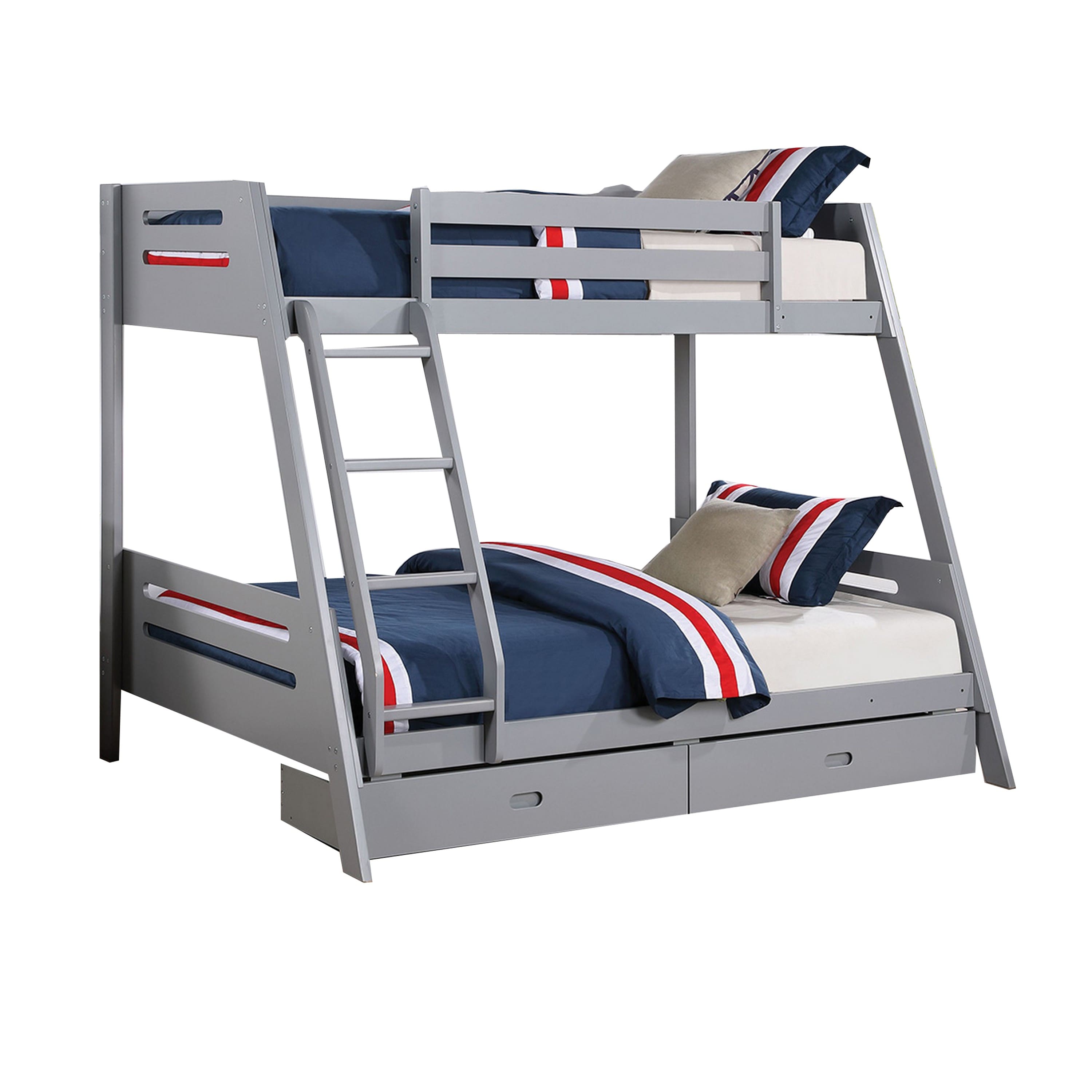 Manhattan Lane - Emily Twin Over Full Bunk Bed with Ladder, 2 Drawers, Gray Solid Wood - Gray