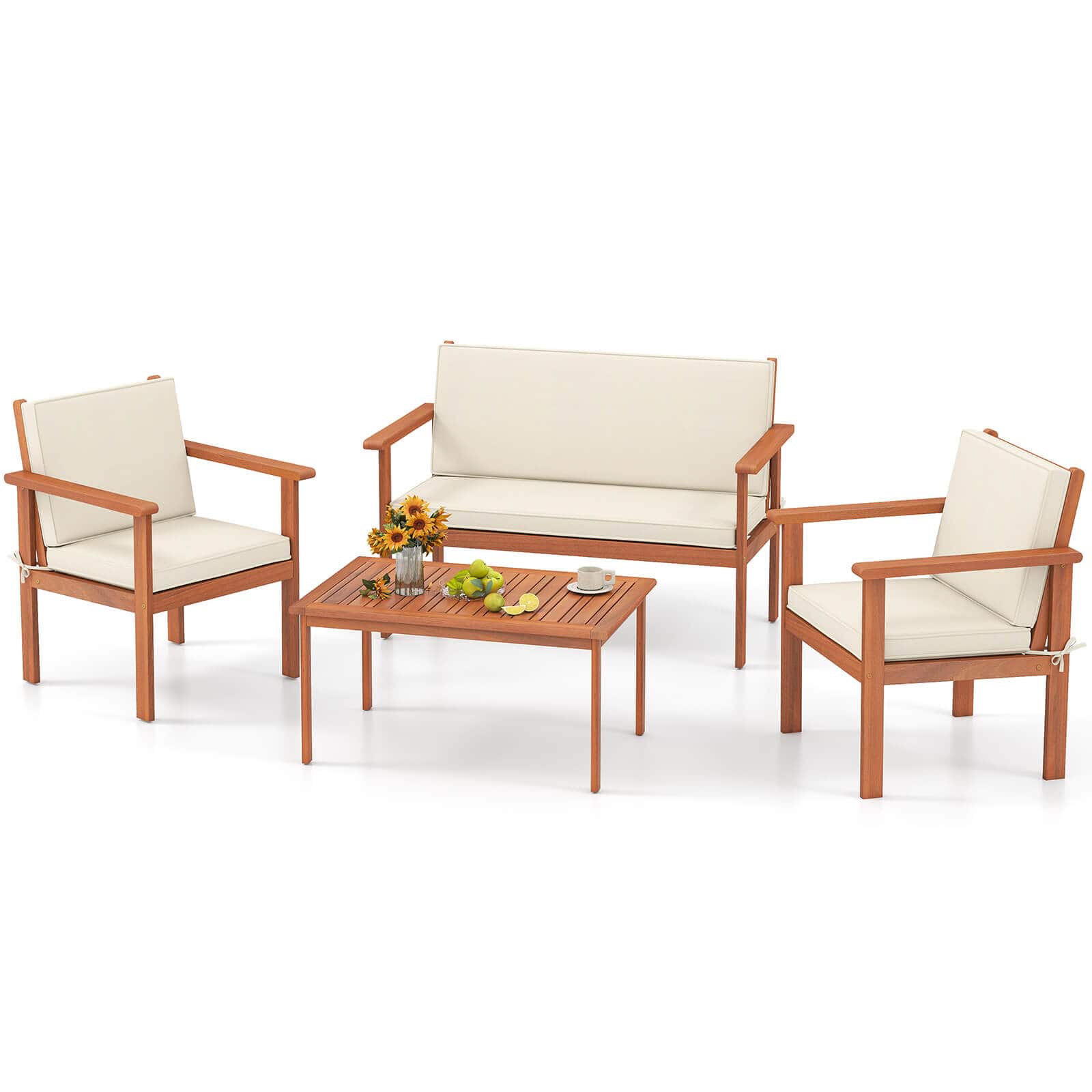 Costway - 4 PCS Acacia Wood Conversation Set with Seat & Back Cushions Loveseat Armchairs - Beige,Natural price history on PriceWatchPro