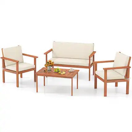 Front. Costway - Costway 4 PCS Acacia Wood Conversation Set with Seat & Back Cushions Loveseat Armchairs - Beige,Natural.