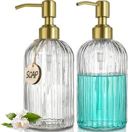 Dapper Styles - Glass Soap Dispenser With Rust Proof Stainless Pump Refillable Hand Vertical Stripe Bathroom For Kitchen - Clear-golden Pump-2p-2 Pack