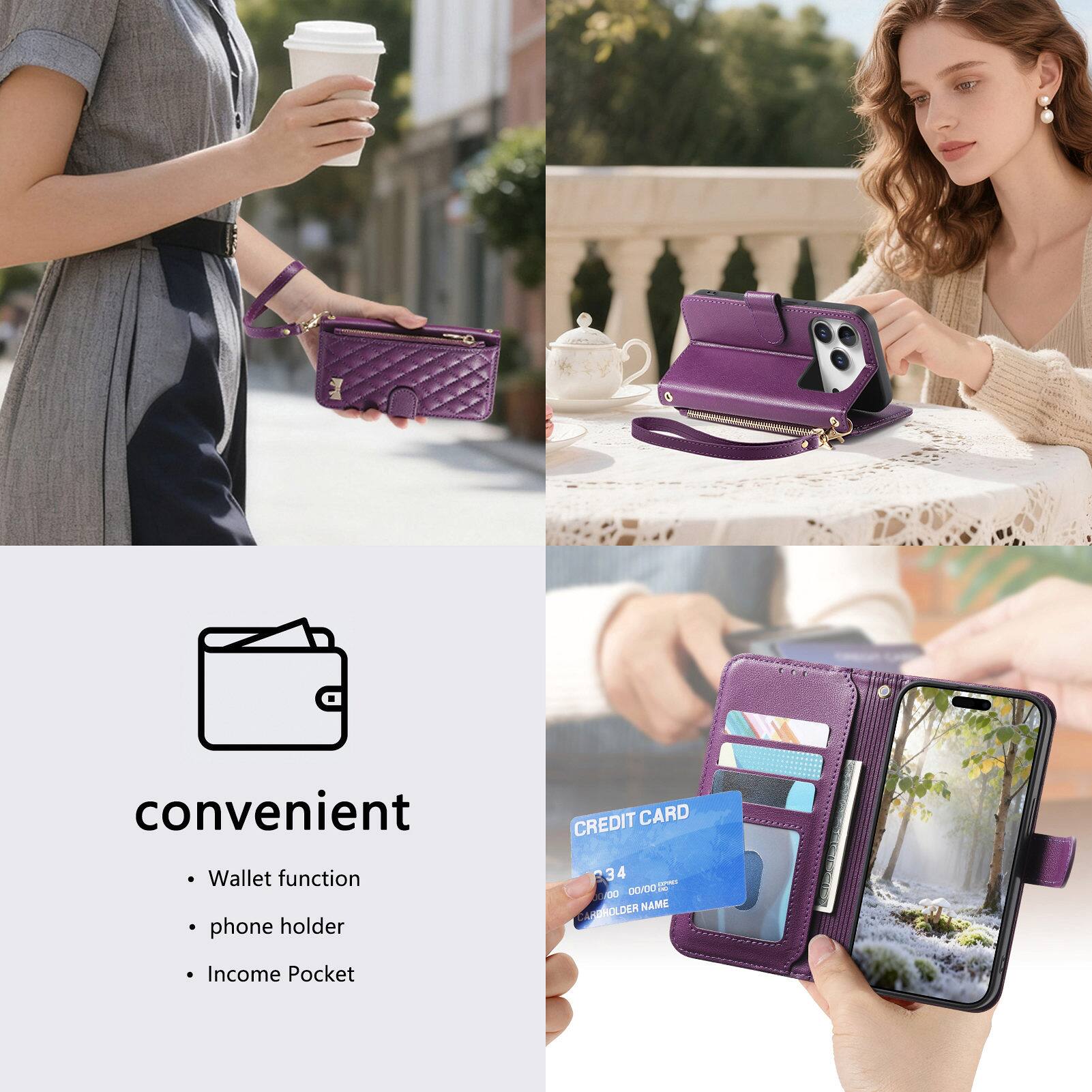 Convenient  
- Wallet function  
- Phone holder  
- Income Pocket  

CREDIT CARD  
1234 0000 0000 0000  
CARDHOLDER NAME
