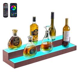 VEVOR - LED Lighted Liquor Bottle Display, 2-Tier 30-Inch Whiskey Rack, Support USB, Illuminated Home Bar Shelf with RF Remote - White + brown