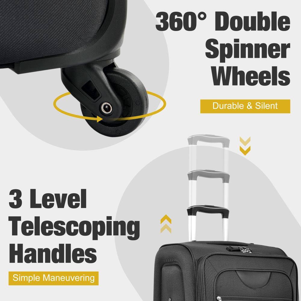 360° Double Spinner Wheels  
Durable & Silent  

3 Level Telescoping Handles  
Simple Maneuvering