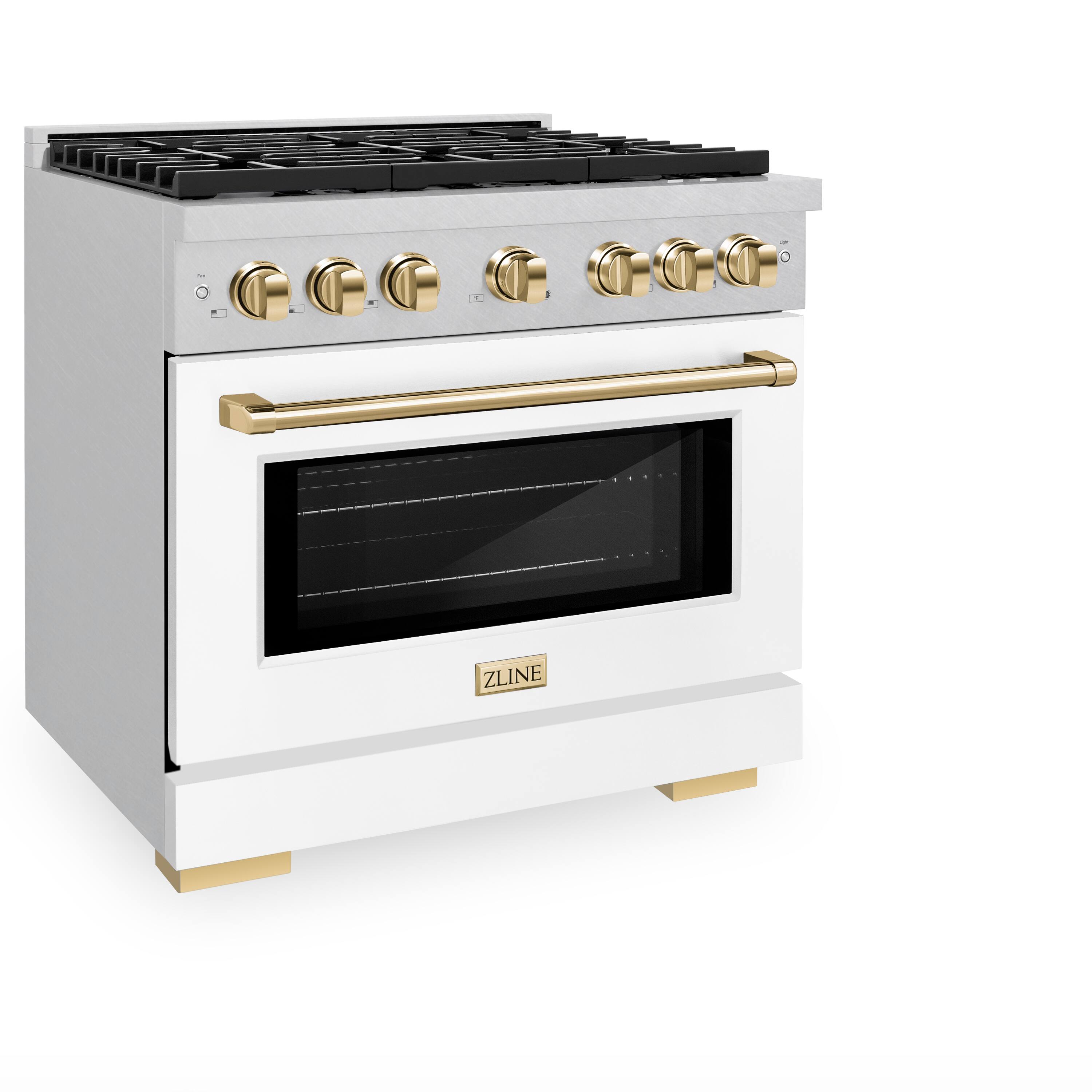 Left. ZLINE - ZLINE Autograph 36 in. Paramount Satin Steel Gas Range with Gold Accents (SGRSZ-WM-36-G) - White.