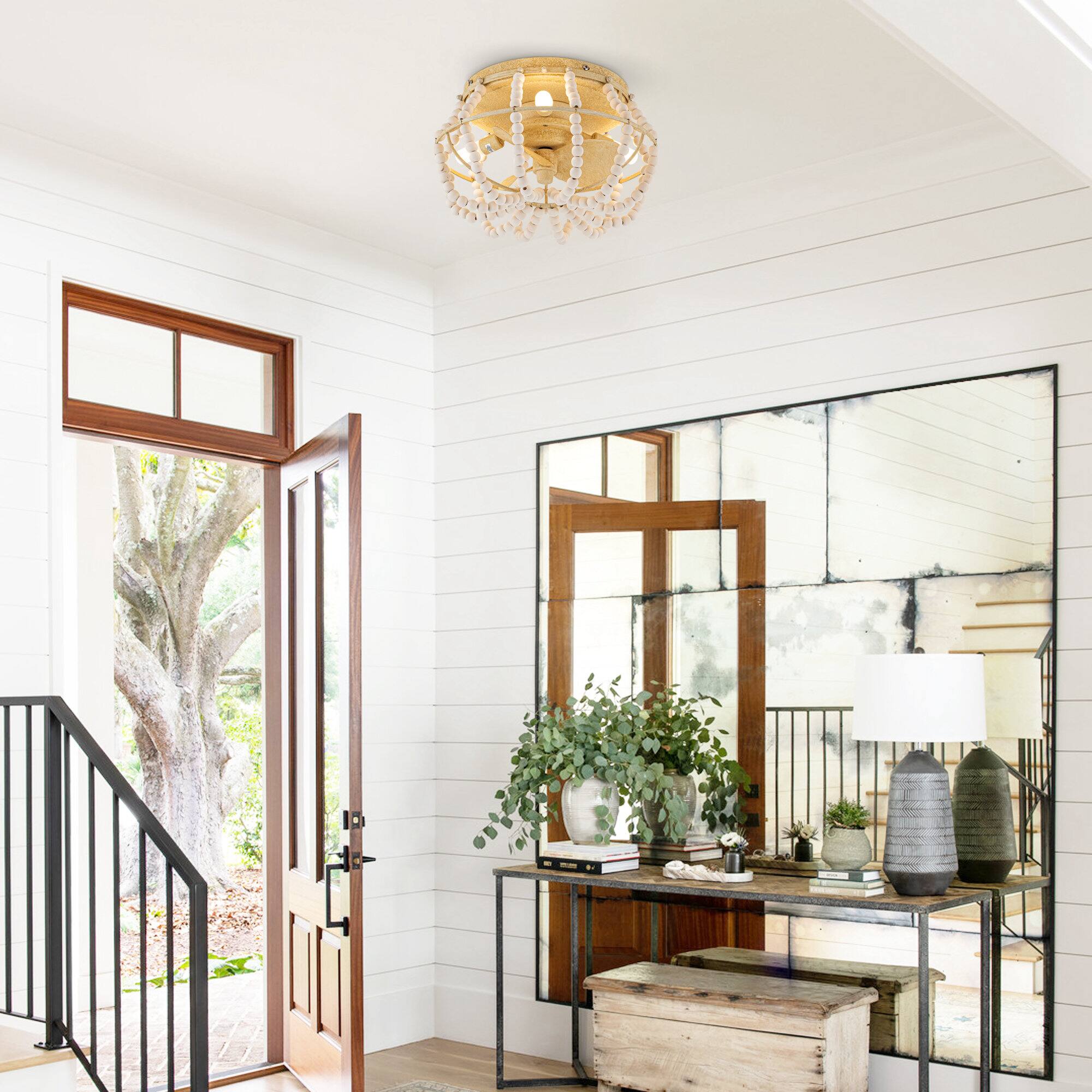 Left. Parrot Uncle - 13" Bohemian 3-Light Flush Mount Ceiling Fan - Gold.