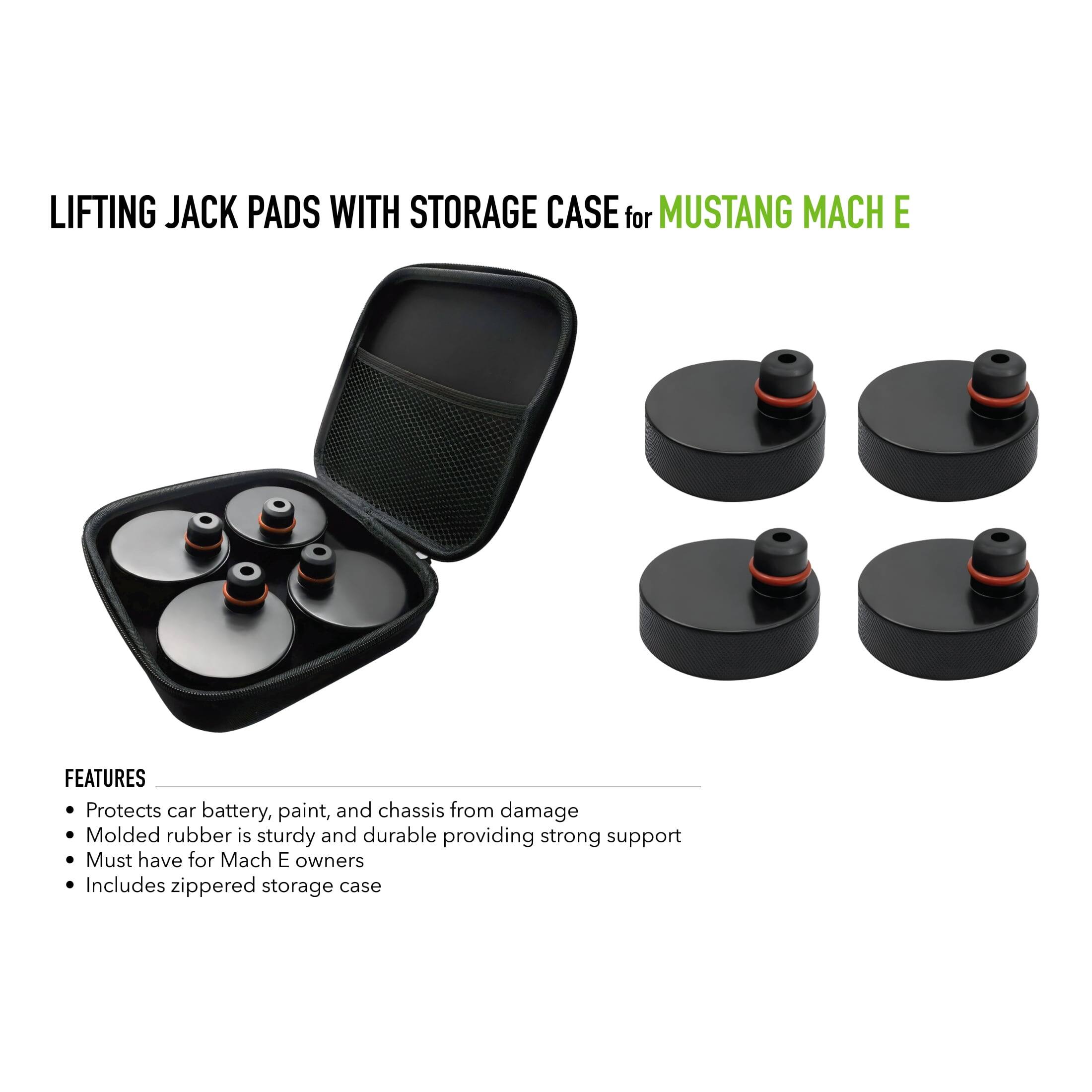 LIFTING JACK PADS WITH STORAGE CASE for MUSTANG MACH E

FEATURES
- Protects car battery, paint, and chassis from damage
- Molded rubber is sturdy and durable providing strong support
- Must have for Mach E owners
- Includes zippered storage case