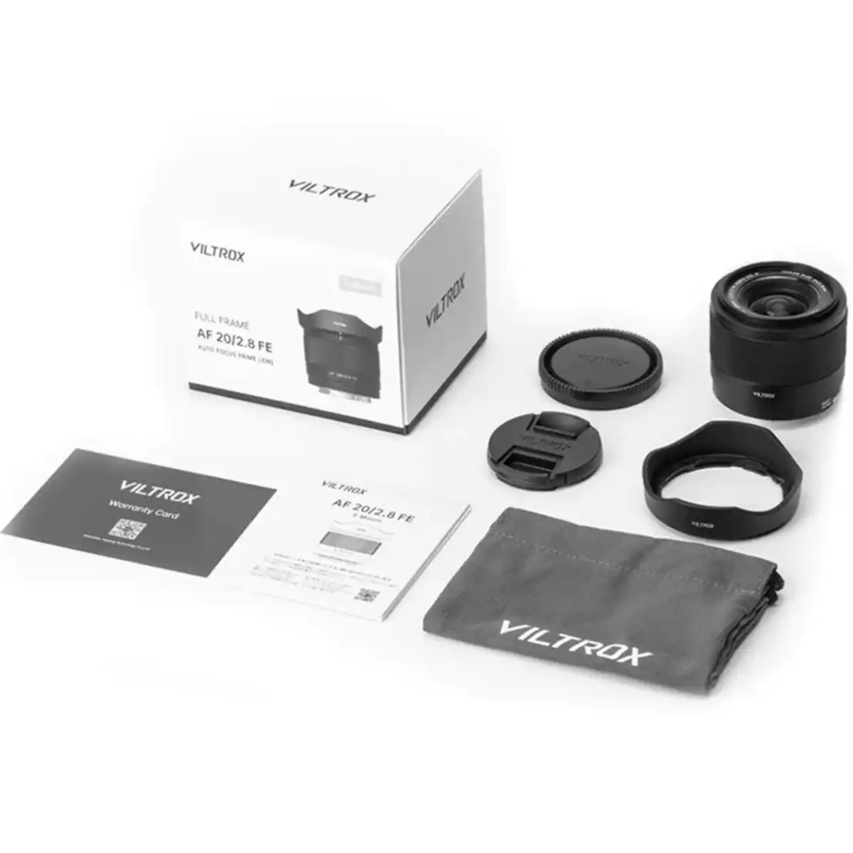 VILTROX FULL FRAME AF 20/2.8 FE  
VILTROX AF 20/2.8 FE  
VILTROX Warranty Card  
VILTROX Lens Cap  
VILTROX Lens Hood  
VILTROX Lens Bag