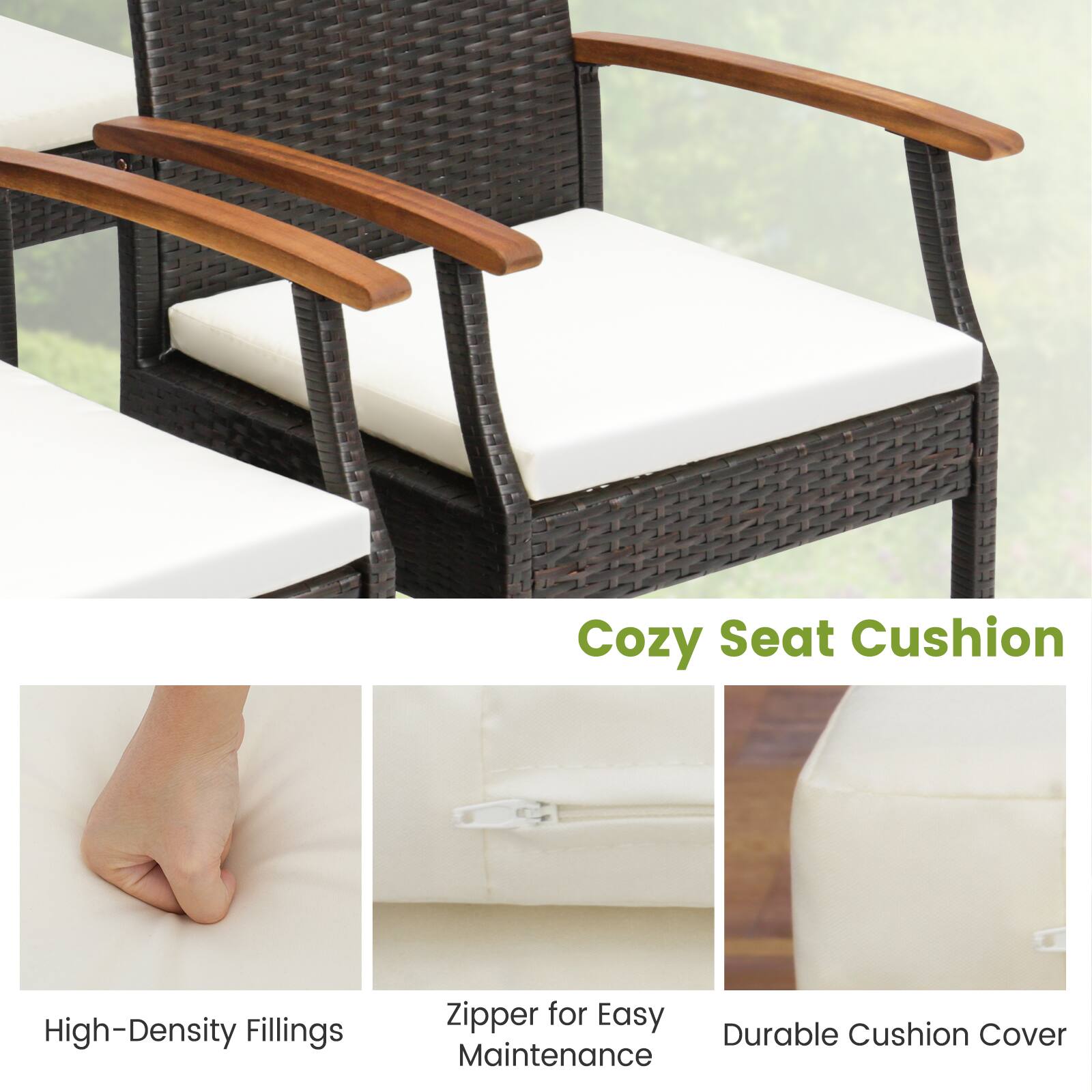 Cozy Seat Cushion
High-Density Fillings
Zipper for Easy Maintenance
Durable Cushion Cover