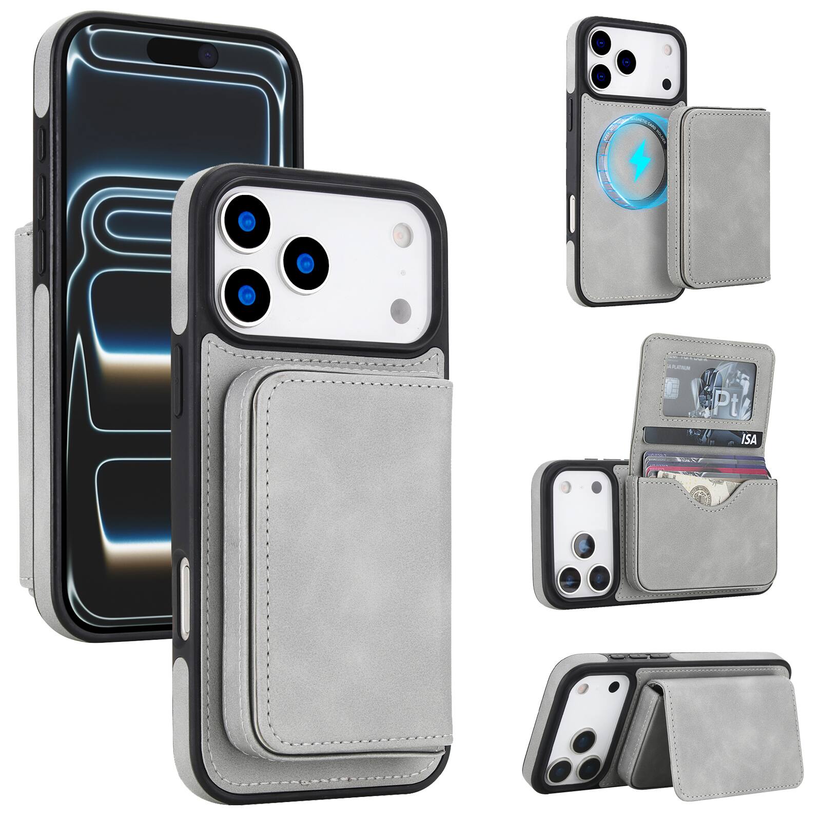 Dteck - For Apple iPhone 17 Pro Max Card Holder Case,2-in-1 Magnetic Detachable Wallet Folio,RFID Blocking Shockproof Cover - Gray