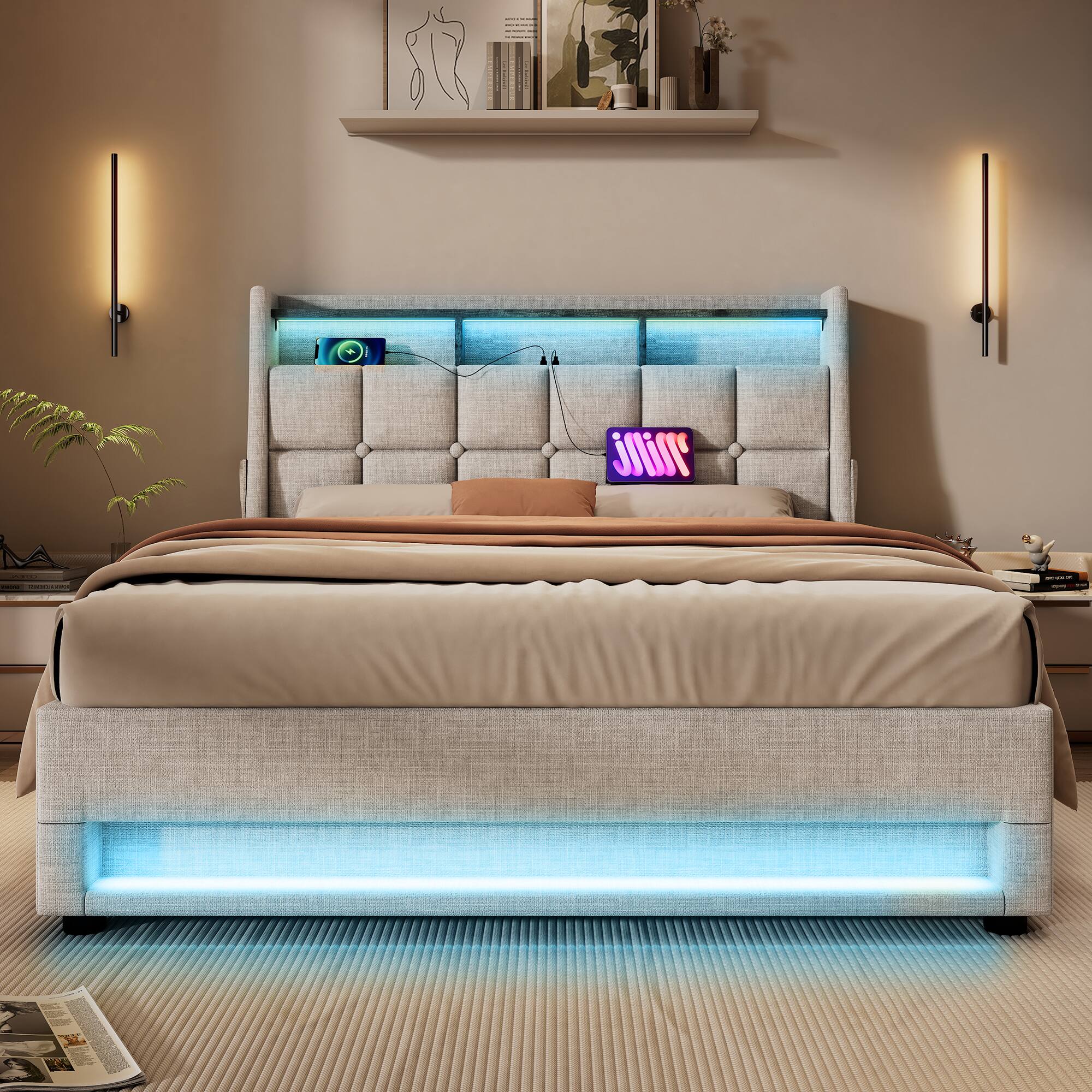Alt View 2. Anysun - Full Size Upholstered Platform Bed - Hydraulic Storage, LED, Charging Station, No Box Spring, Easy Assembly - Natural.