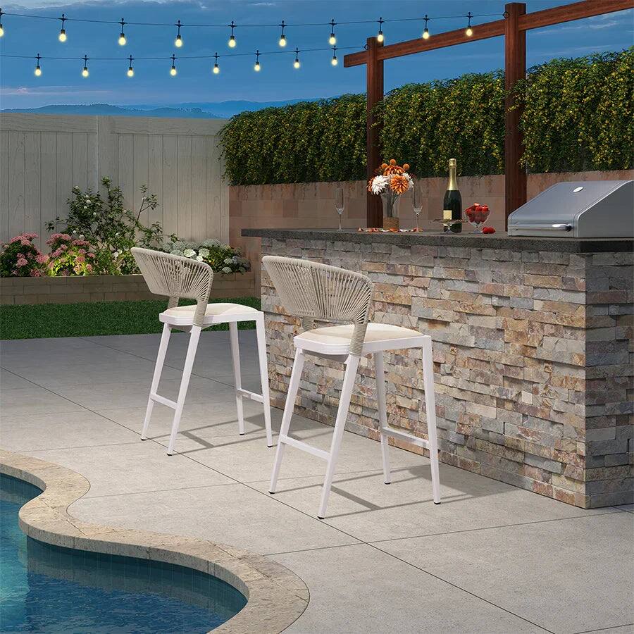 Alt View 2. PURPLE LEAF - Outdoor Bar Stool Set of 2 Rattan Bar Stools with Back Metal Bar Height Stool Outdoor Bar Chair for Garden Kitchen - White-Counter Height.