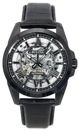 Bulova - Classic Sutton Leather Strap Silver Skeleton Dial Automatic 98A304 100M Men's Watch - Black