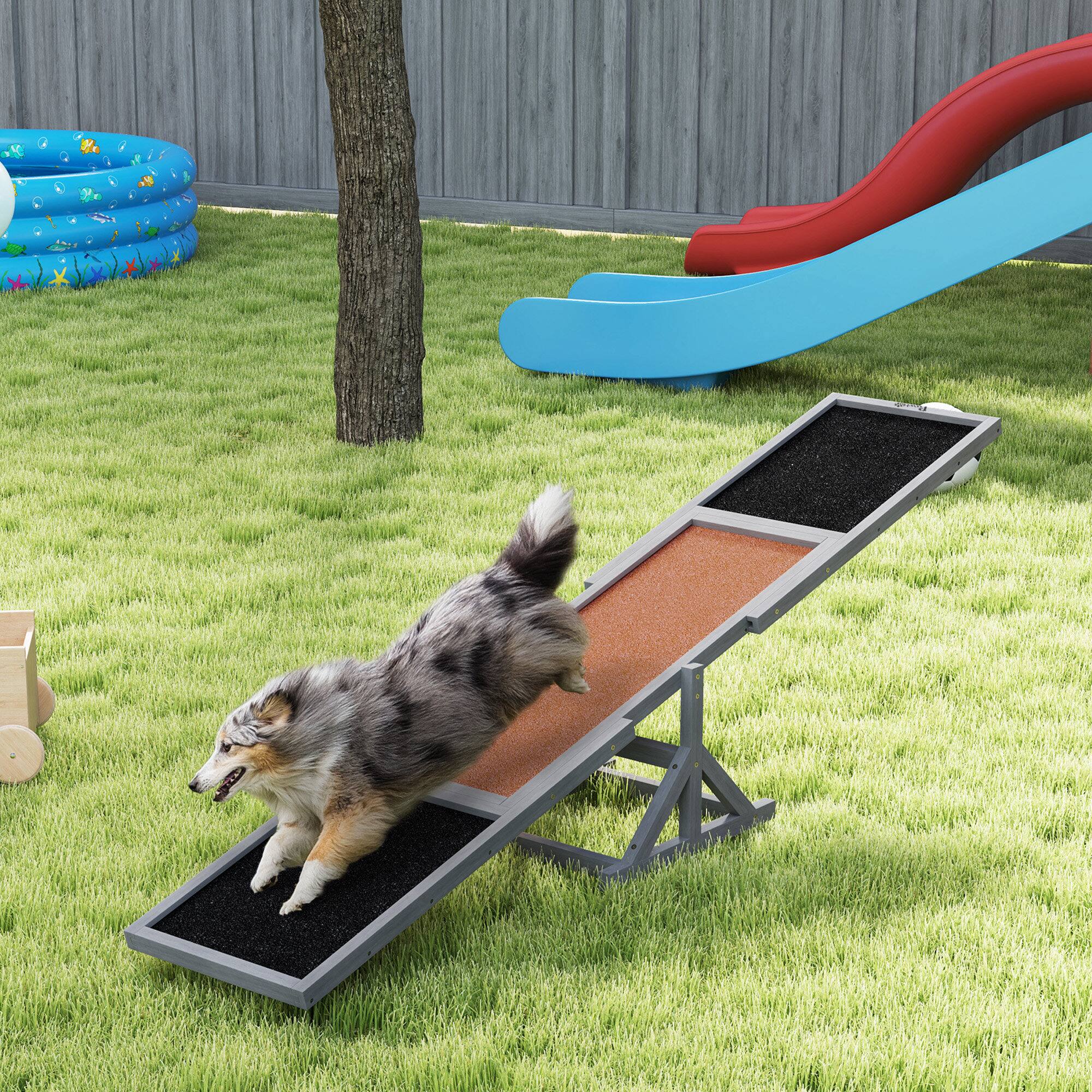 Angle. Pawhut - Wooden Dog Agility Seesaw, Training Exercise, Platform Equipment, Weather Resistant, 83" L x 16" W x 14" H - Gray.